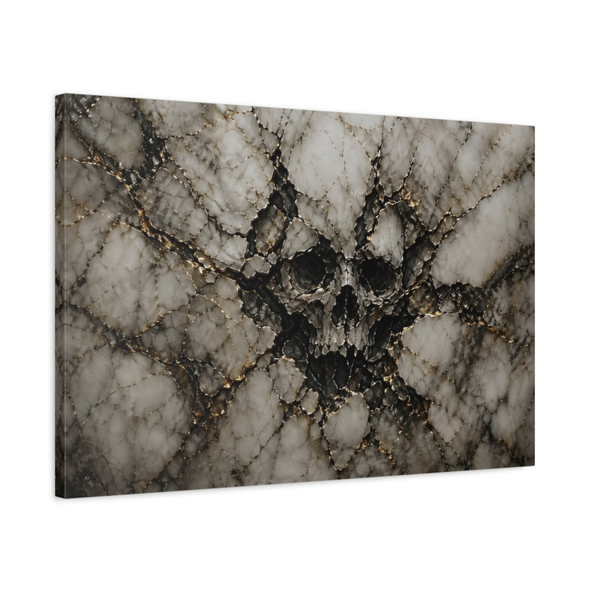 Side Mockup 2. Horror Skull Black Gold Marble shown as stretched canvas wall art