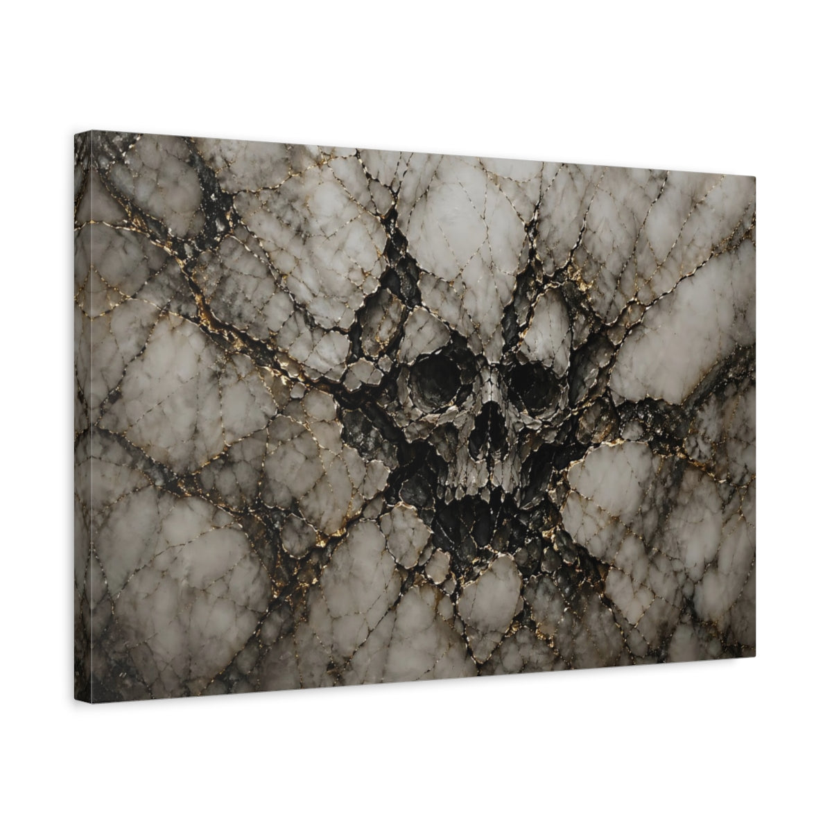 Side Mockup 3. Horror Skull Black Gold Marble shown as stretched canvas wall art