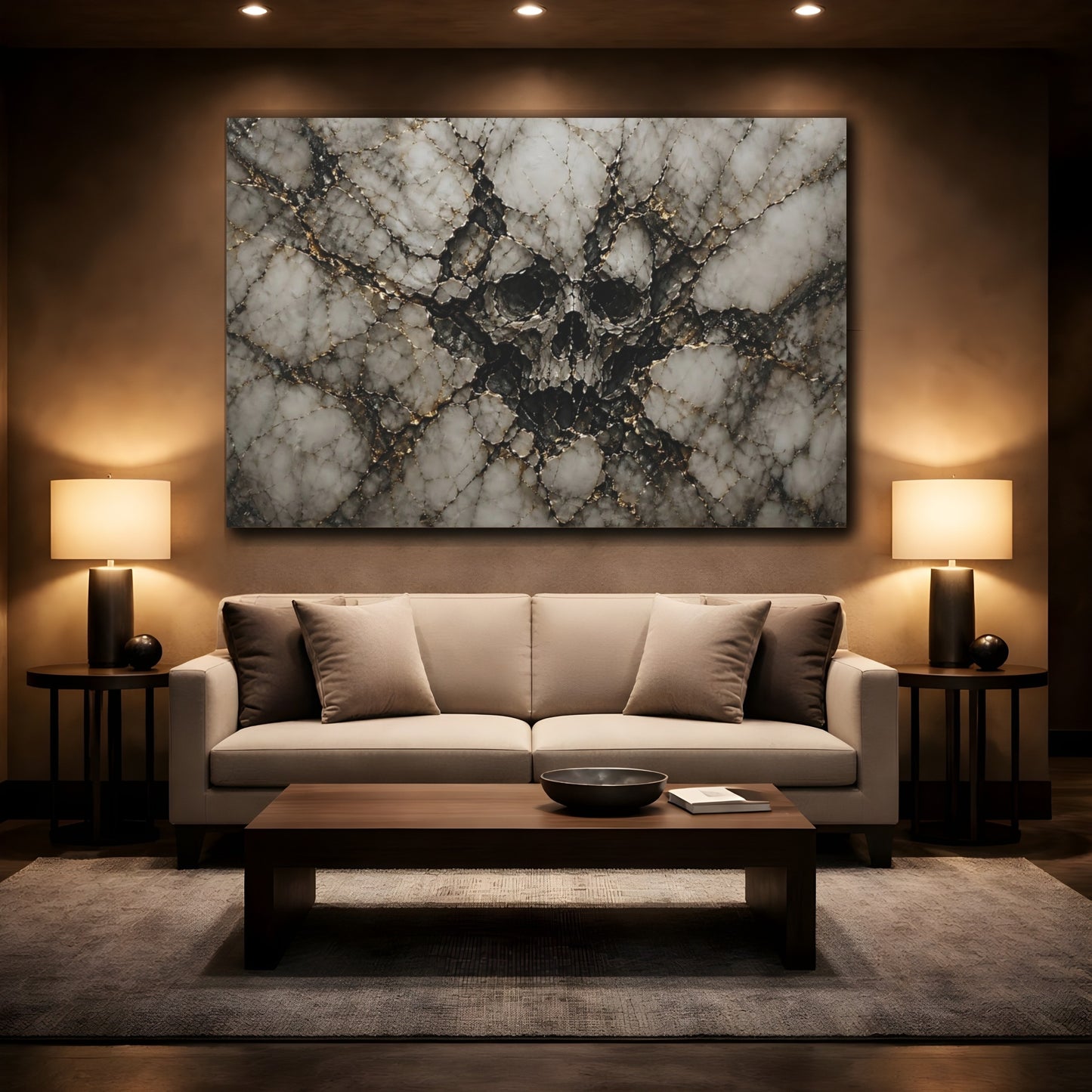 Mockup 2. Horror Skull Black Gold Marble shown as stretched canvas wall art