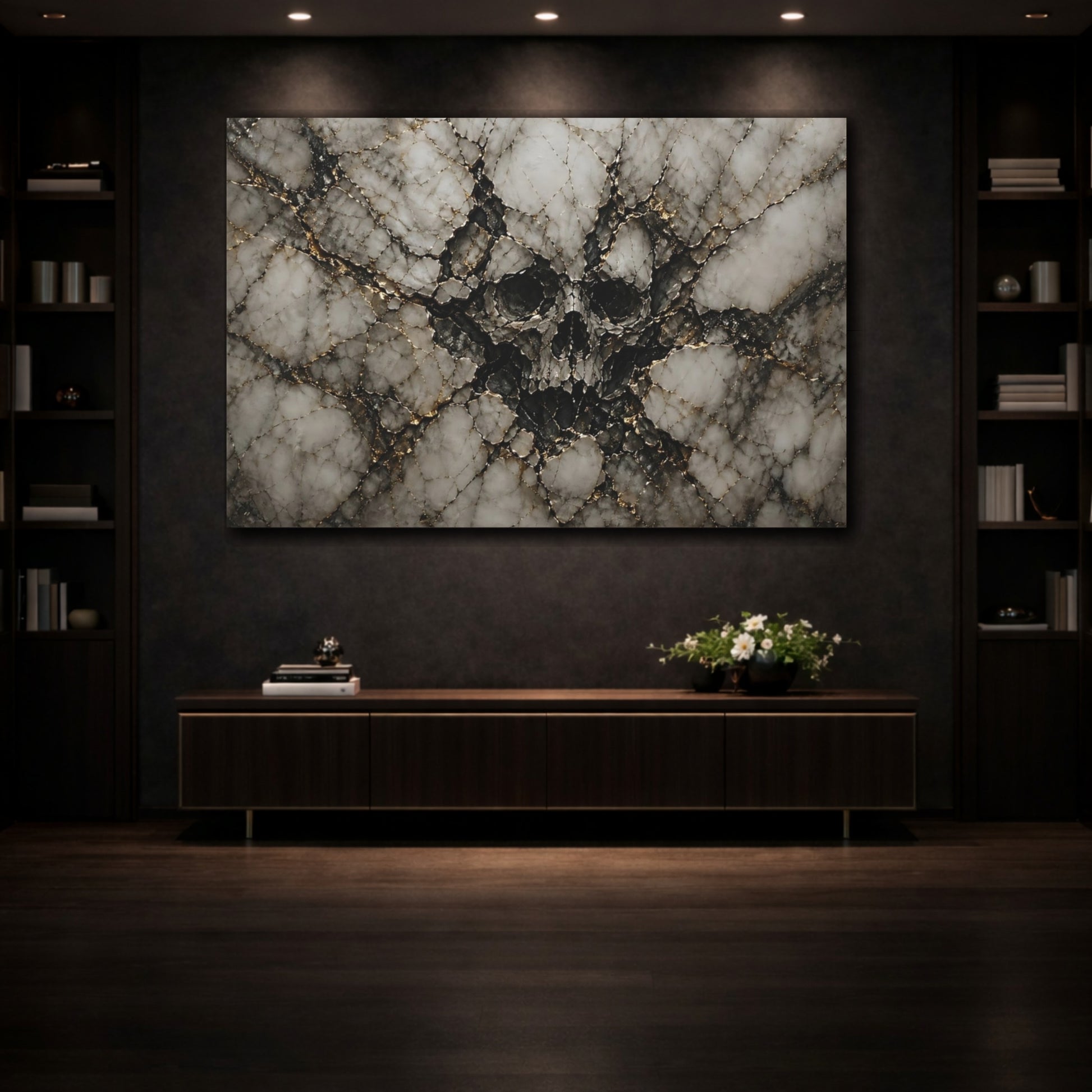 Mockup 3. Horror Skull Black Gold Marble shown as stretched canvas wall art