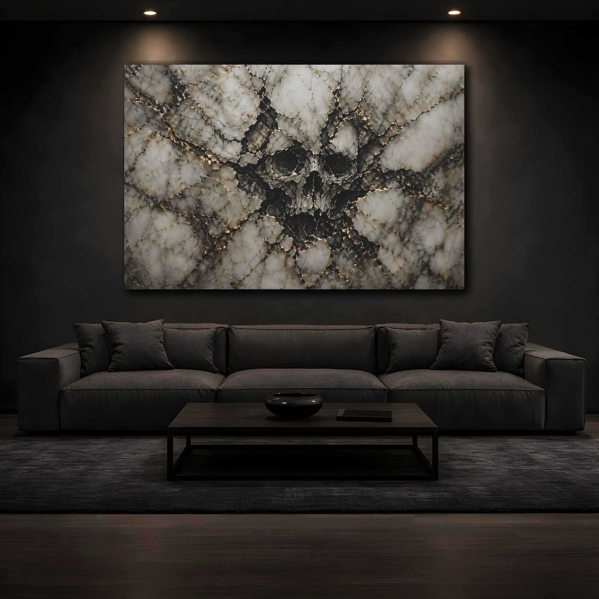 Mockup 4. Horror Skull Black Gold Marble shown as stretched canvas wall art