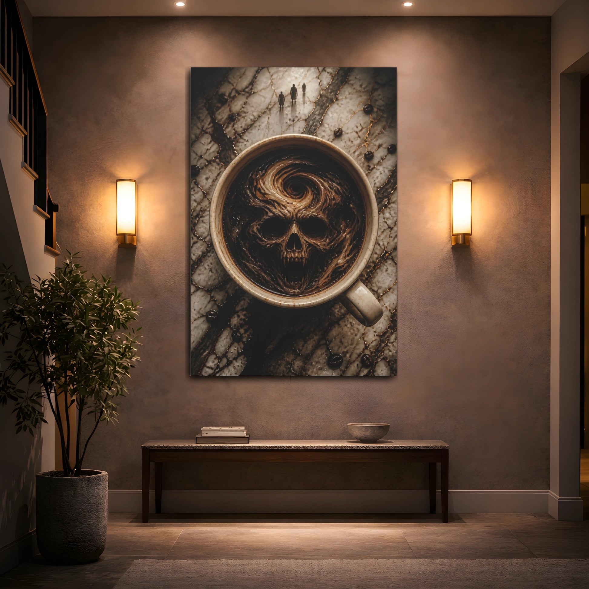 Mockup 2. Horror Skull Brown Skull Coffee shown as stretched canvas wall art