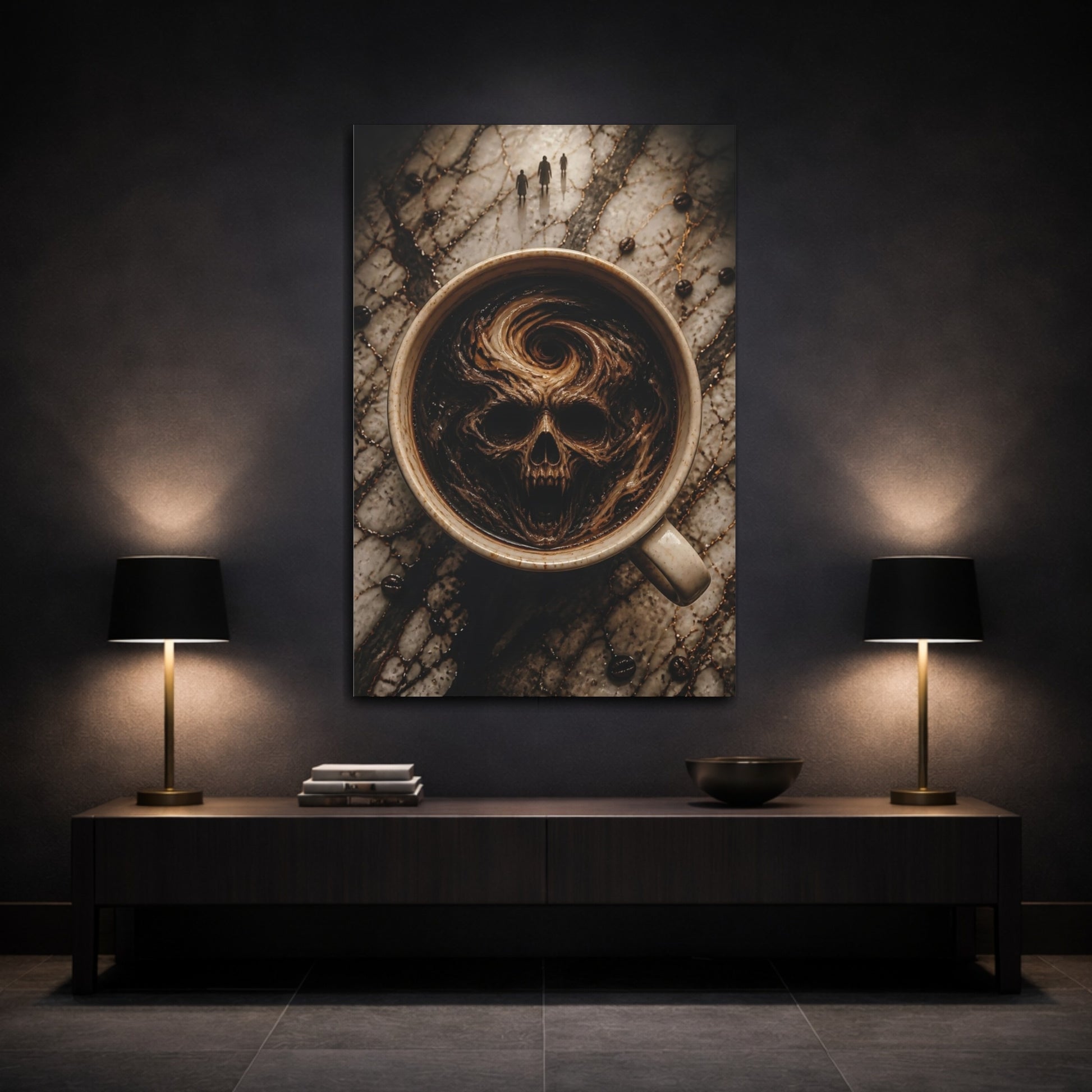 Mockup 3. Horror Skull Brown Skull Coffee shown as stretched canvas wall art