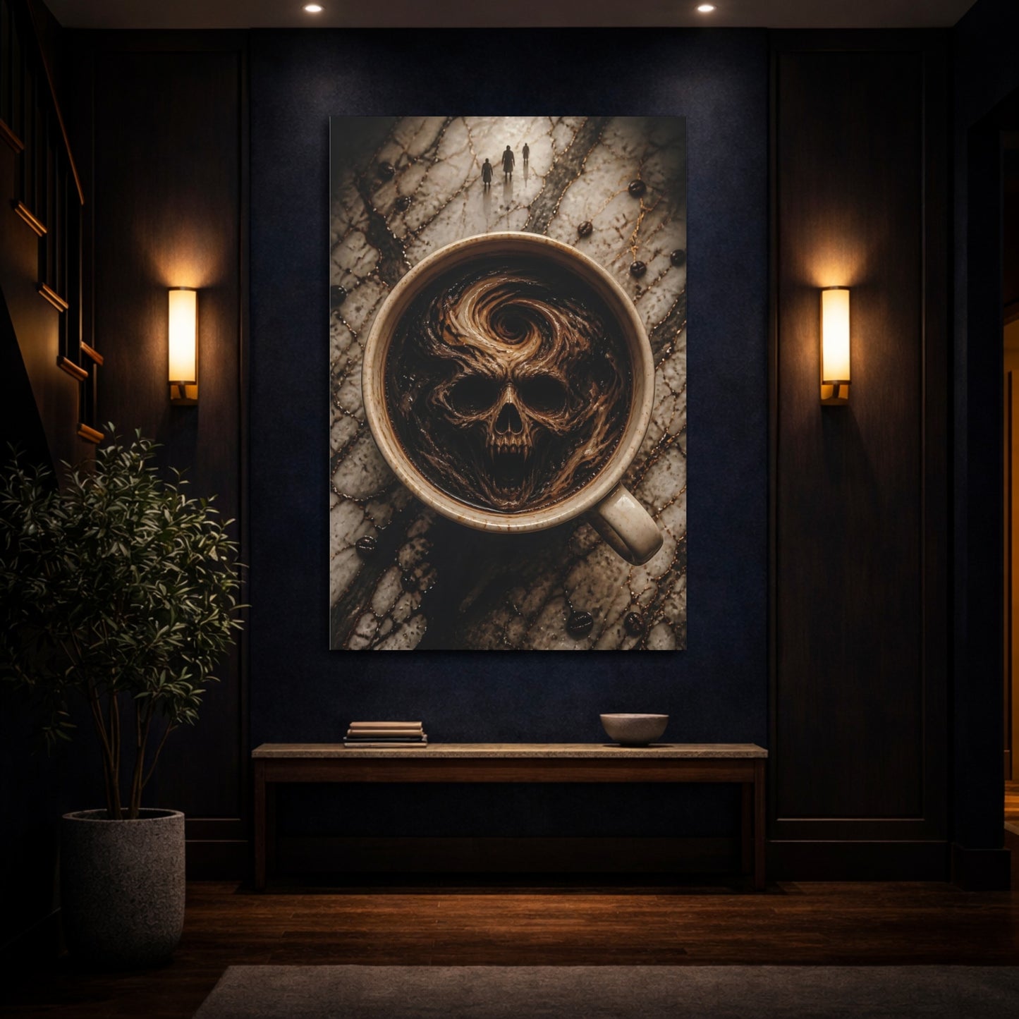 Mockup 4. Horror Skull Brown Skull Coffee shown as stretched canvas wall art