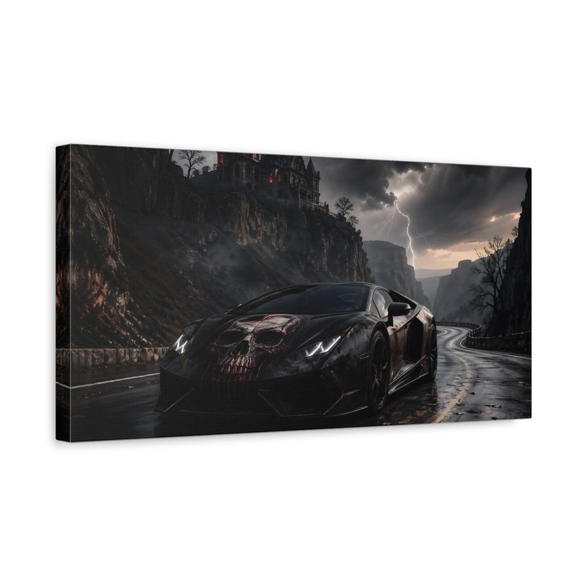 Side Mockup 3. Horror Skull Car Black And Red shown as stretched canvas wall art