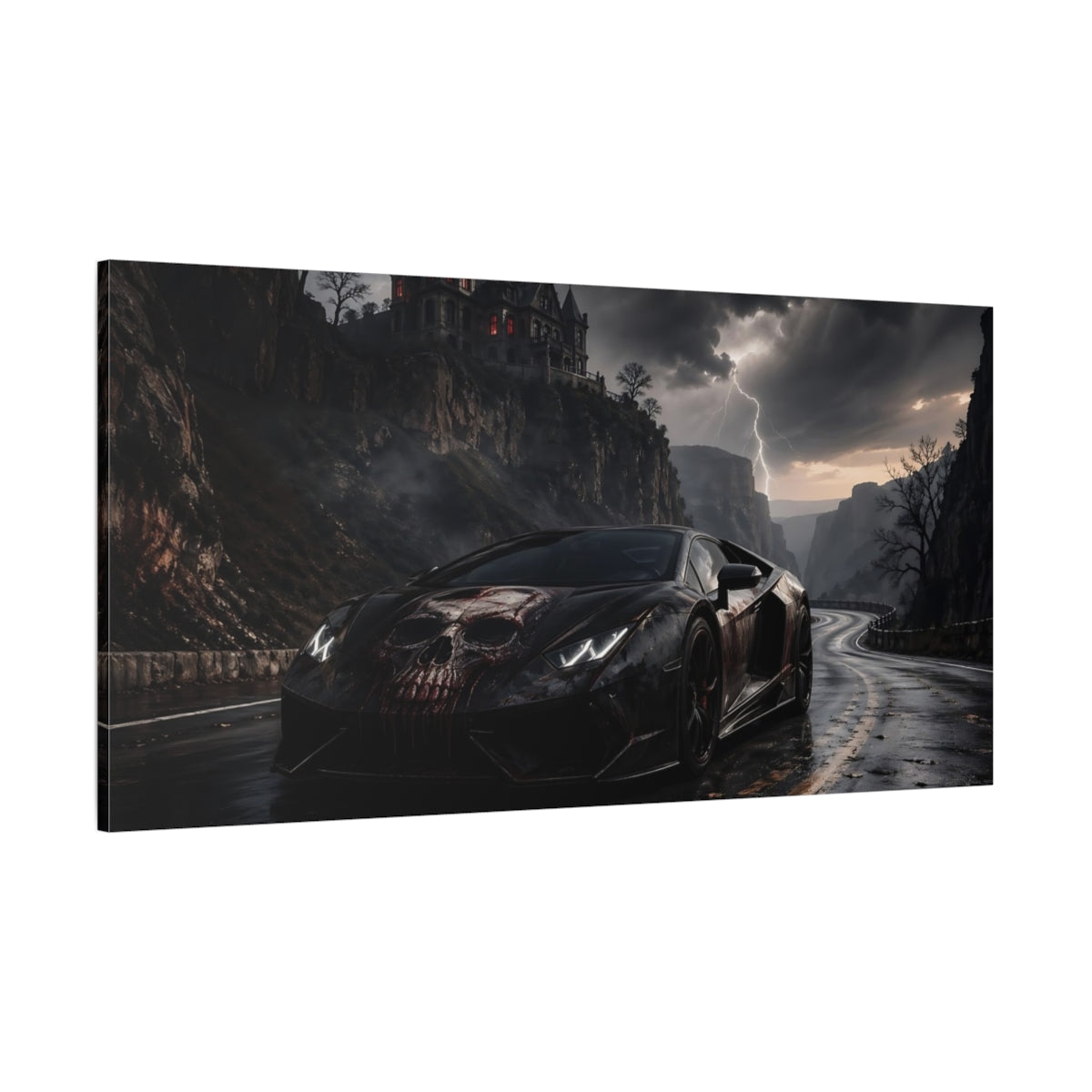 Side Mockup 2. Horror Skull Car Black And Red shown as stretched canvas wall art
