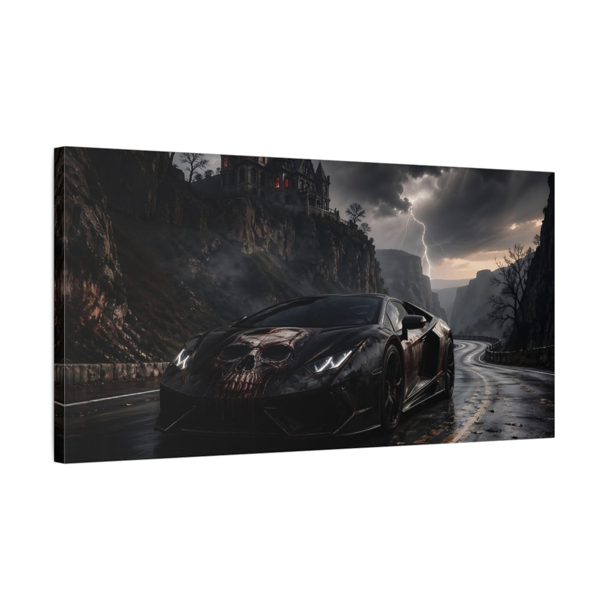 Side Mockup 1. Horror Skull Car Black And Red shown as stretched canvas wall art