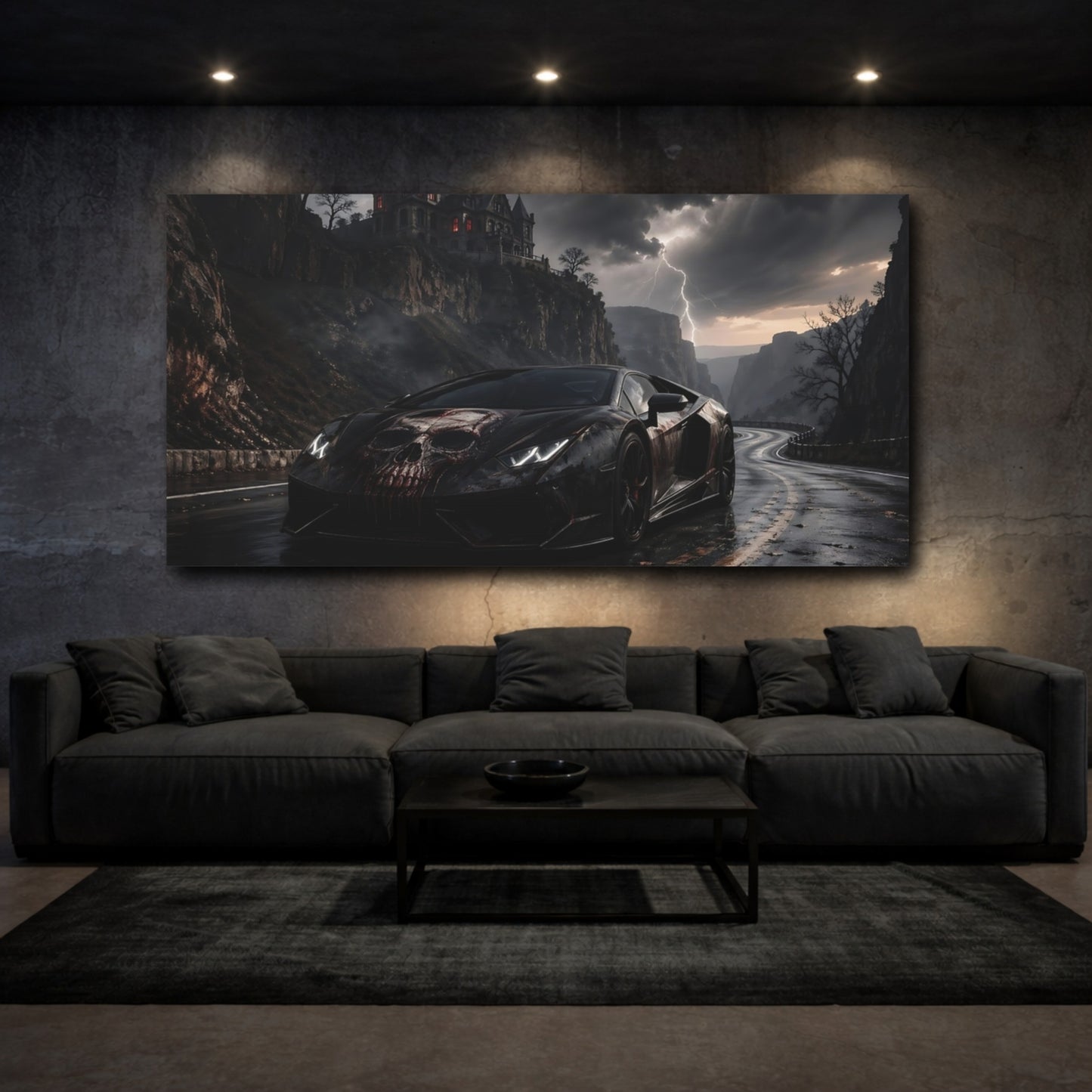 Mockup 2. Horror Skull Car Black And Red shown as stretched canvas wall art