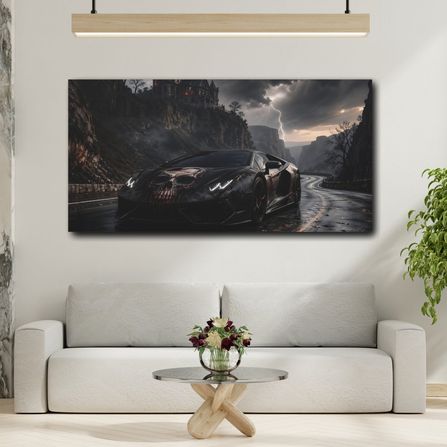 Mockup 3. Horror Skull Car Black And Red shown as stretched canvas wall art