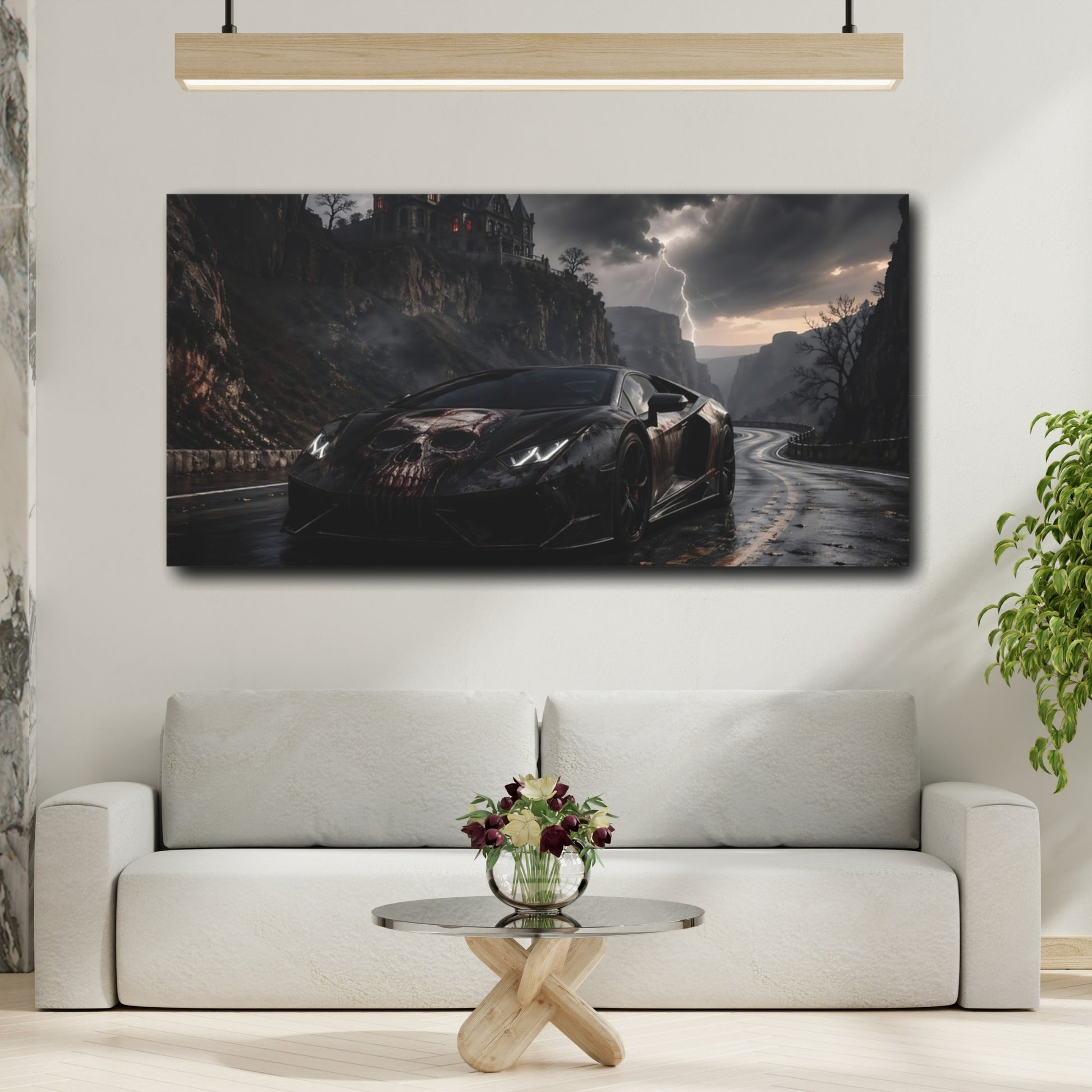Mockup 3. Horror Skull Car Black And Red shown as stretched canvas wall art