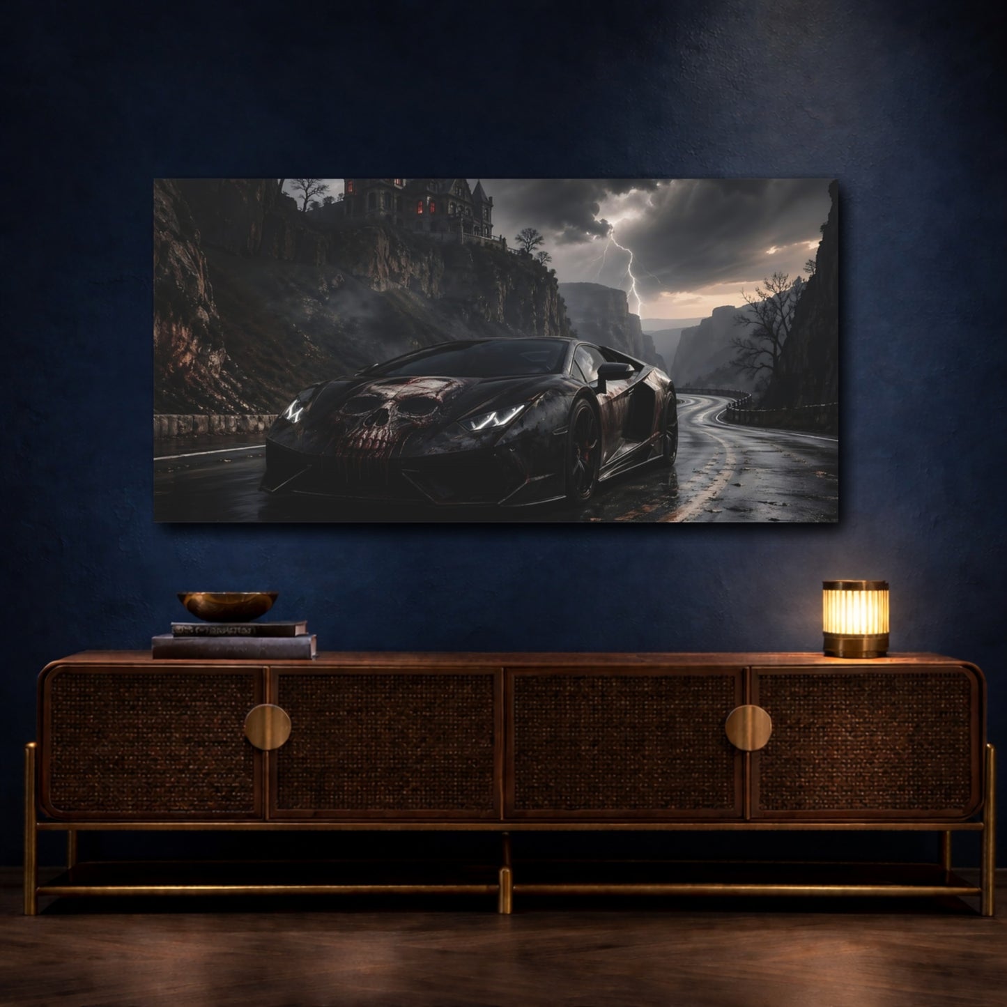 Mockup 4. Horror Skull Car Black And Red shown as stretched canvas wall art