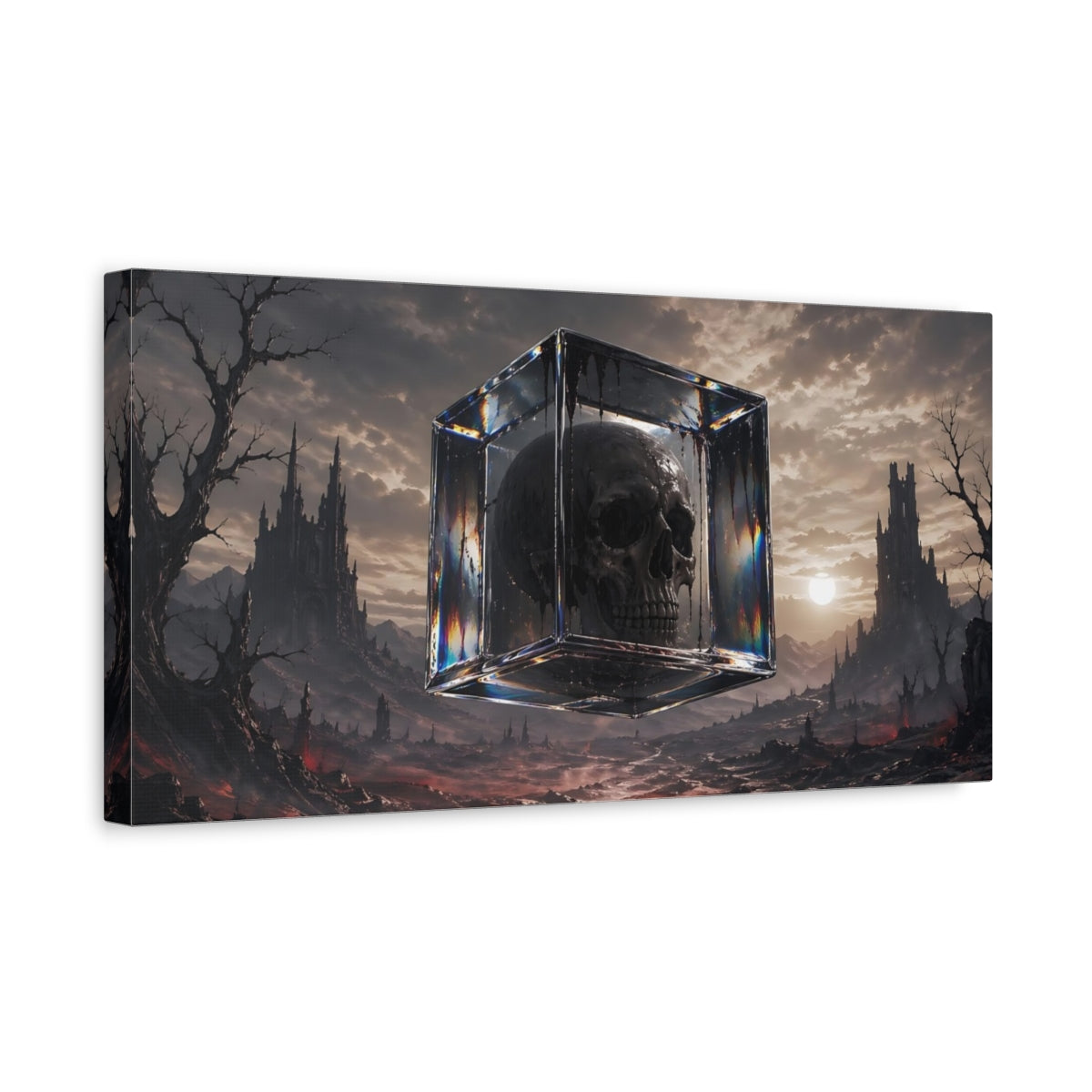 Side Mockup 3. Horror Skull Dark Fantasy shown as stretched canvas wall art