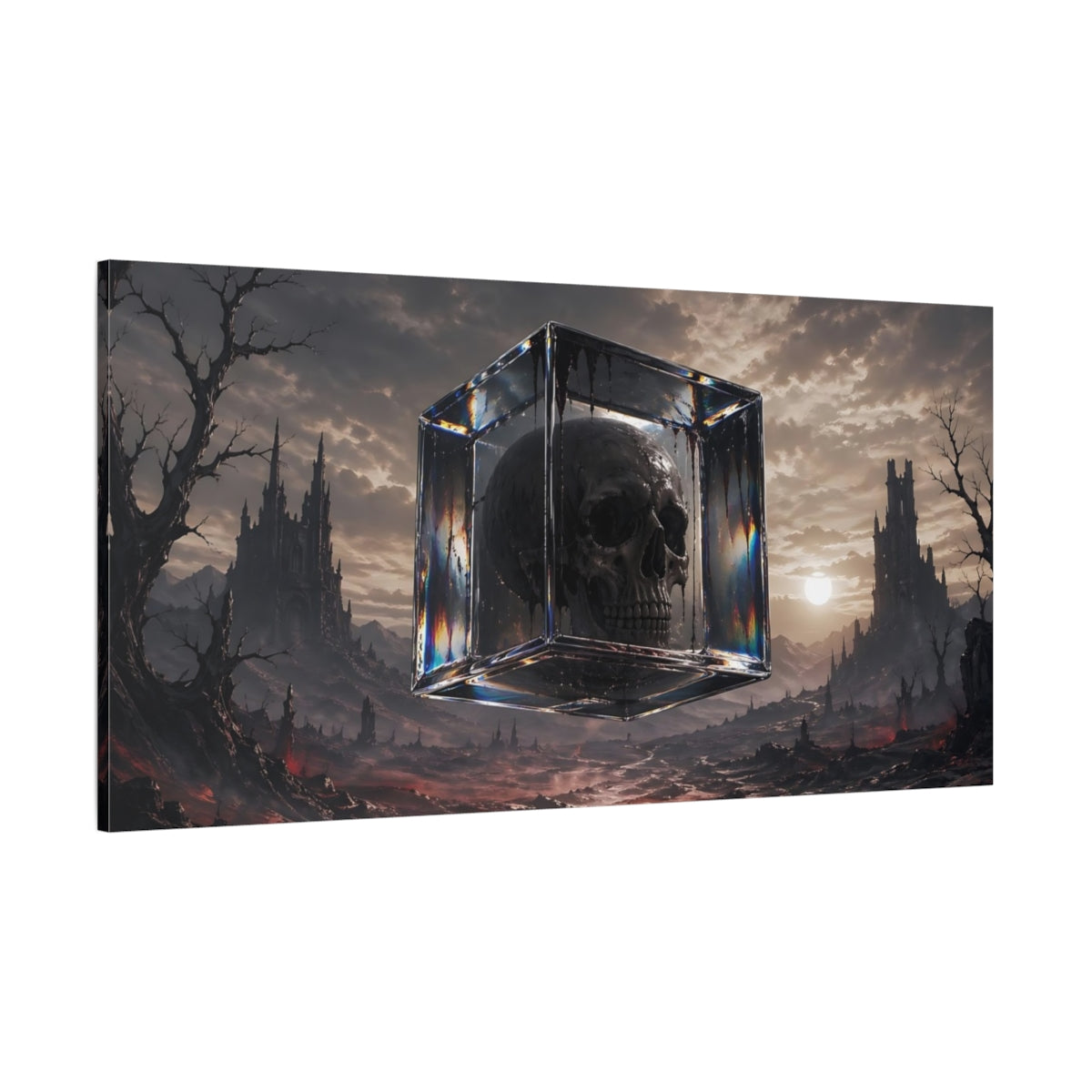 Side Mockup 2. Horror Skull Dark Fantasy shown as stretched canvas wall art