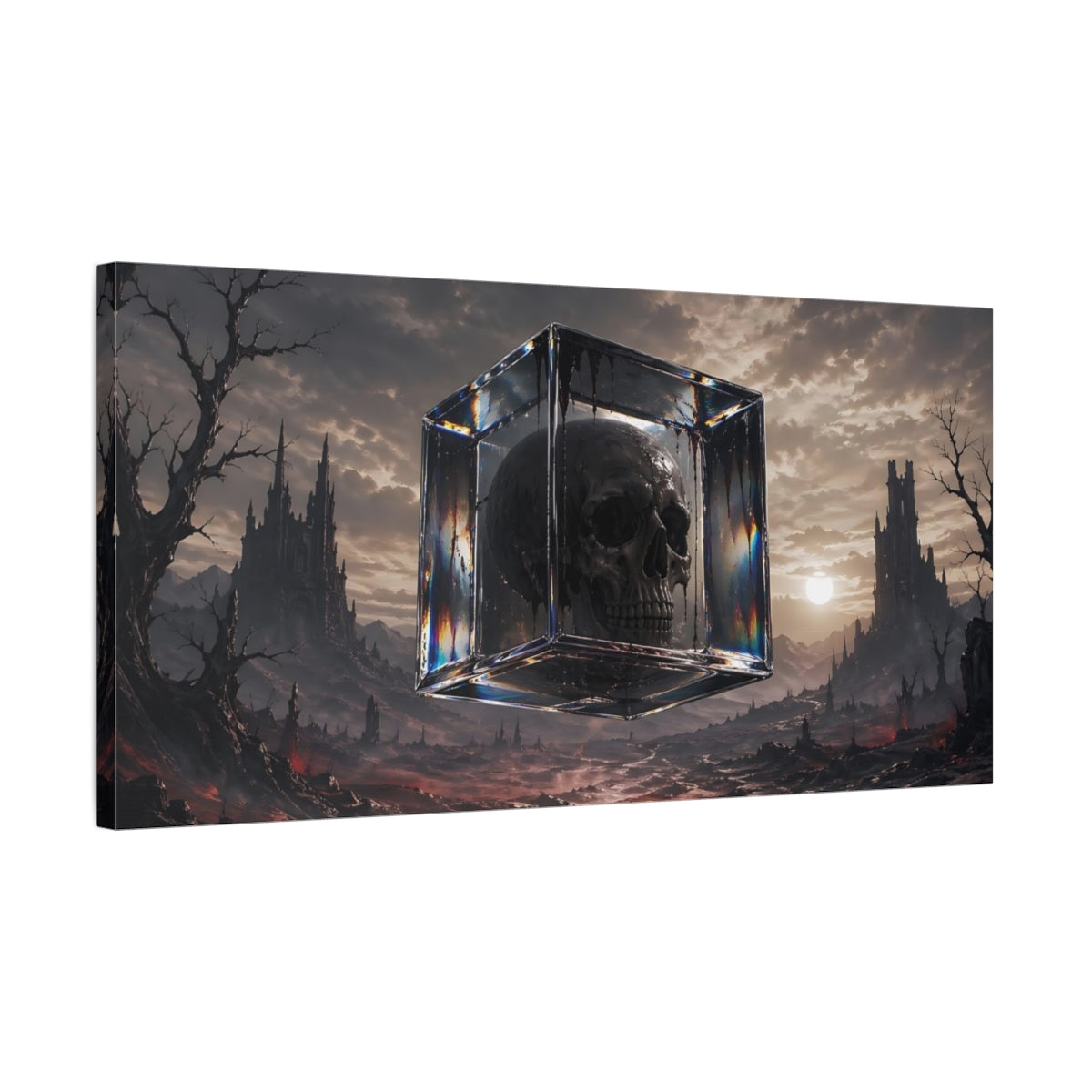 Side Mockup 1. Horror Skull Dark Fantasy shown as stretched canvas wall art