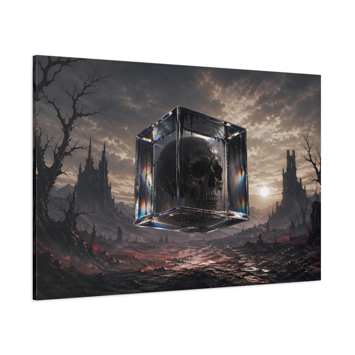 Side Mockup 1. Horror Skull Dark Fantasy Skull shown as stretched canvas wall art