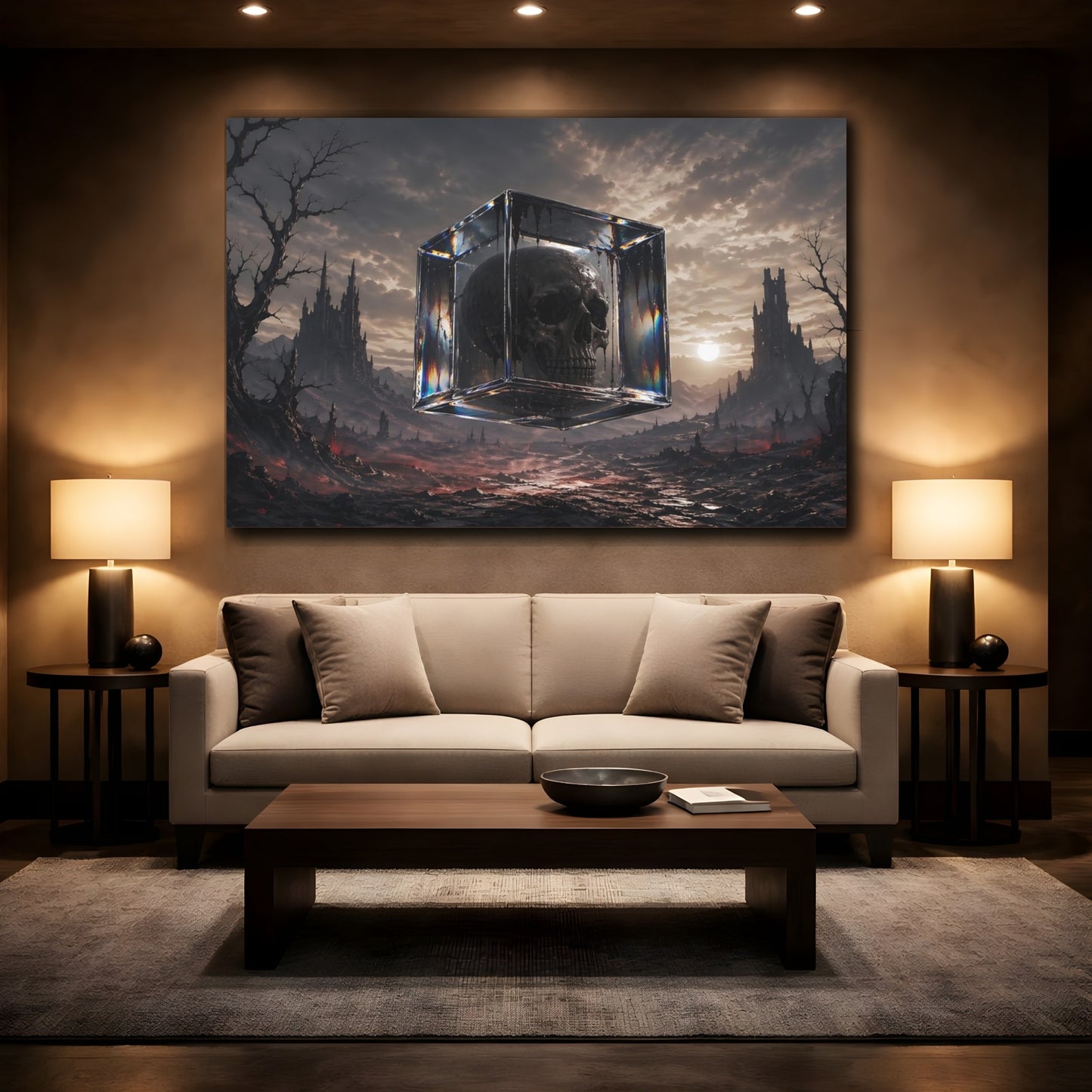 Mockup 2. Horror Skull Dark Fantasy Skull shown as stretched canvas wall art