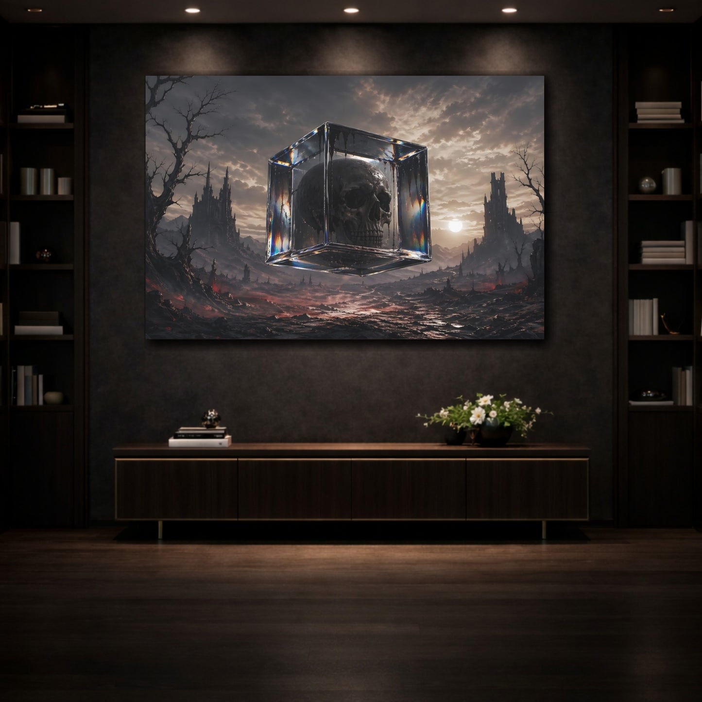 Mockup 3. Horror Skull Dark Fantasy Skull shown as stretched canvas wall art