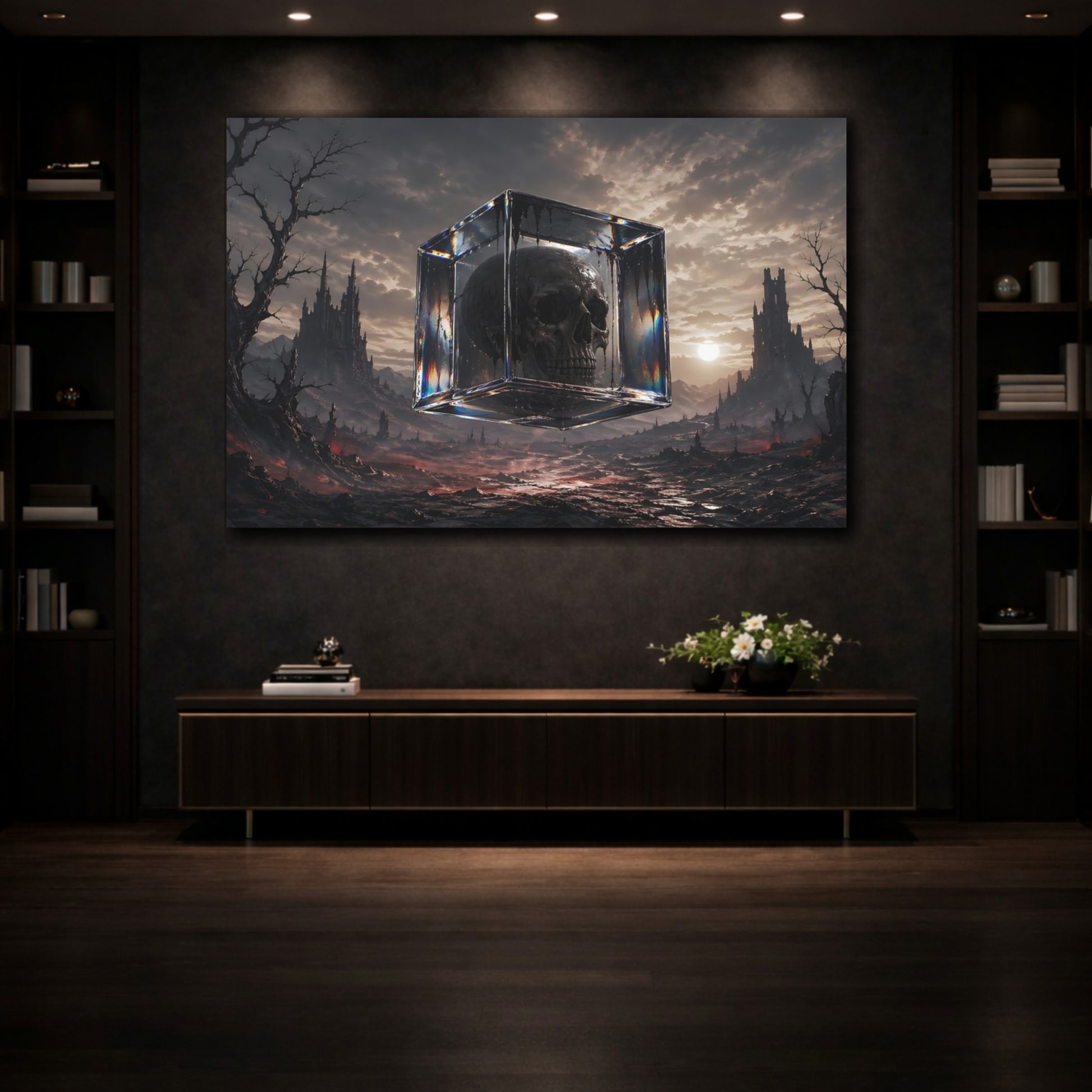 Mockup 3. Horror Skull Dark Fantasy Skull shown as stretched canvas wall art