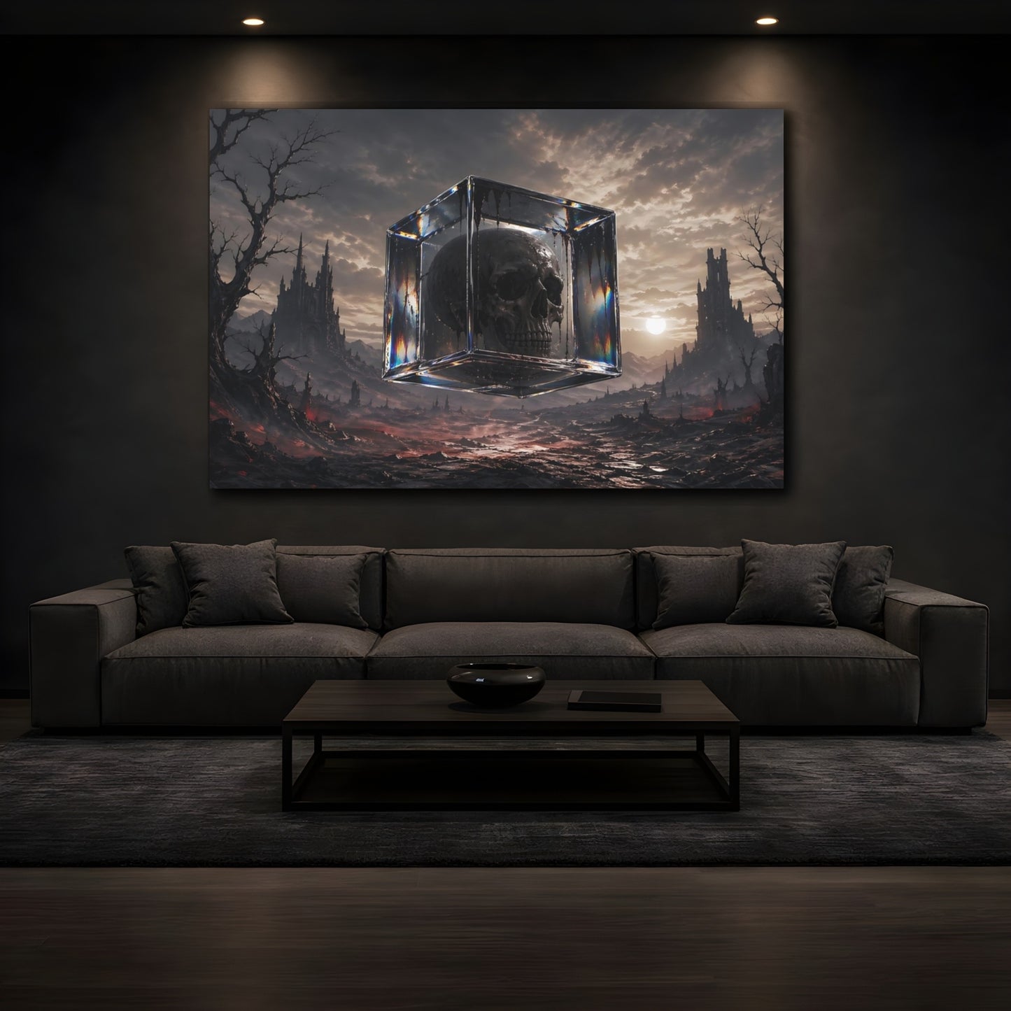 Mockup 4. Horror Skull Dark Fantasy Skull shown as stretched canvas wall art