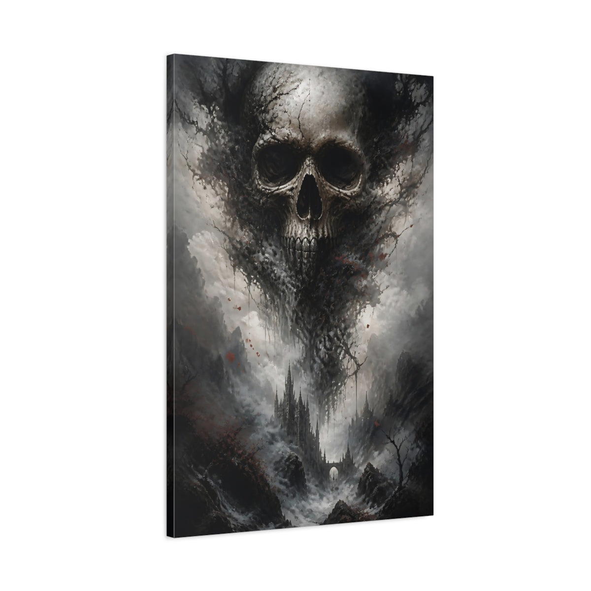 Main Mockup. Horror Skull Dark Grey Red shown as stretched canvas wall art