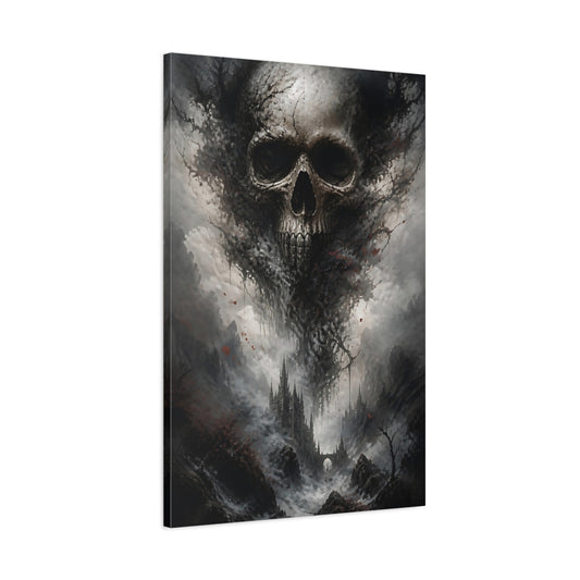 Main Mockup. Horror Skull Dark Grey Red shown as stretched canvas wall art