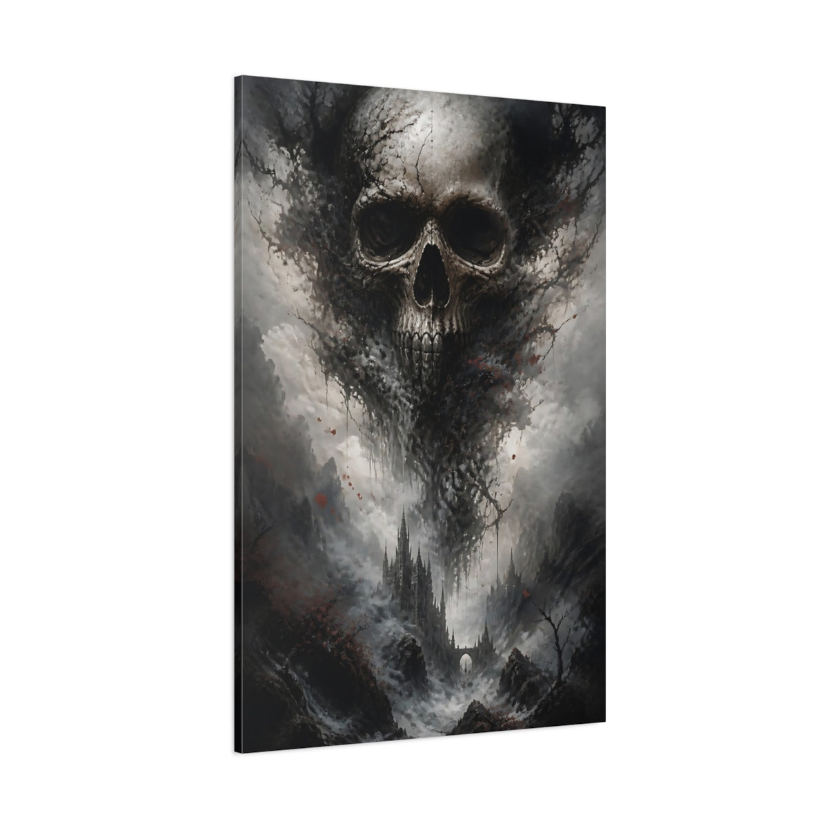 Side Mockup 1. Horror Skull Dark Grey Red shown as stretched canvas wall art