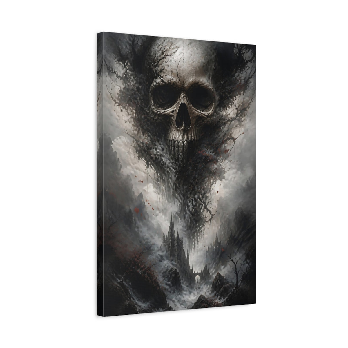 Side Mockup 3. Horror Skull Dark Grey Red shown as stretched canvas wall art