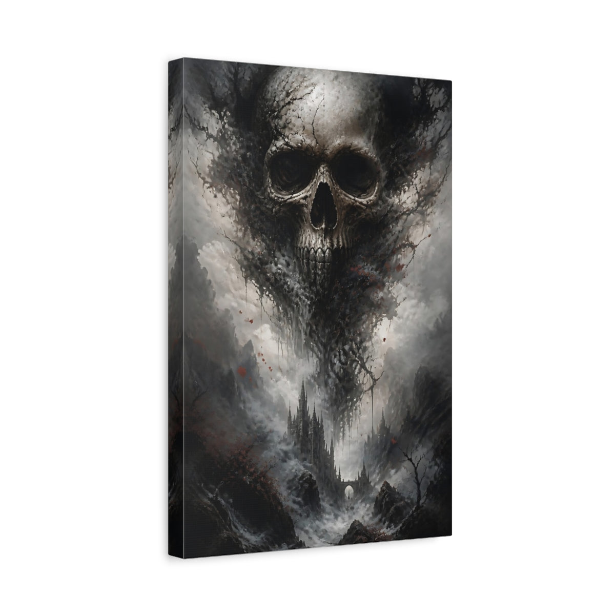 Side Mockup 4. Horror Skull Dark Grey Red shown as stretched canvas wall art