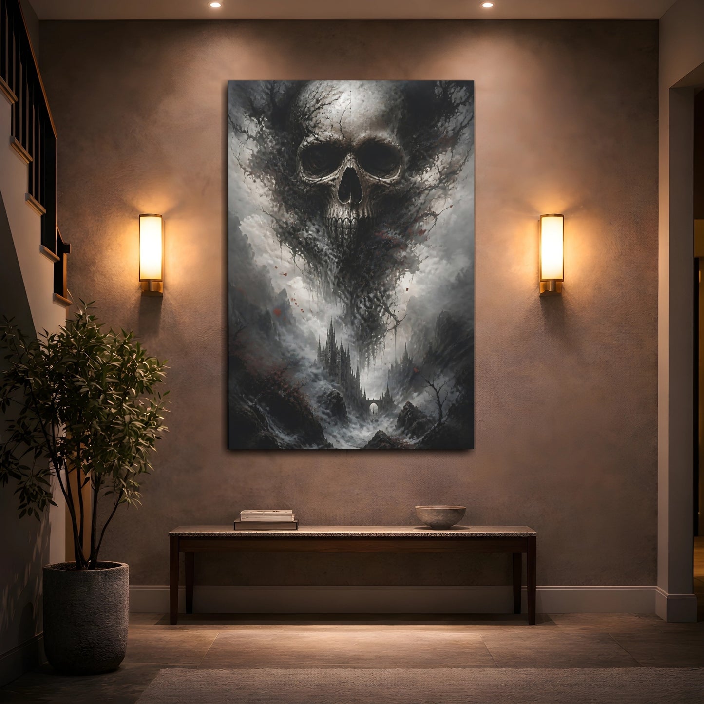 Mockup 2. Horror Skull Dark Grey Red shown as stretched canvas wall art