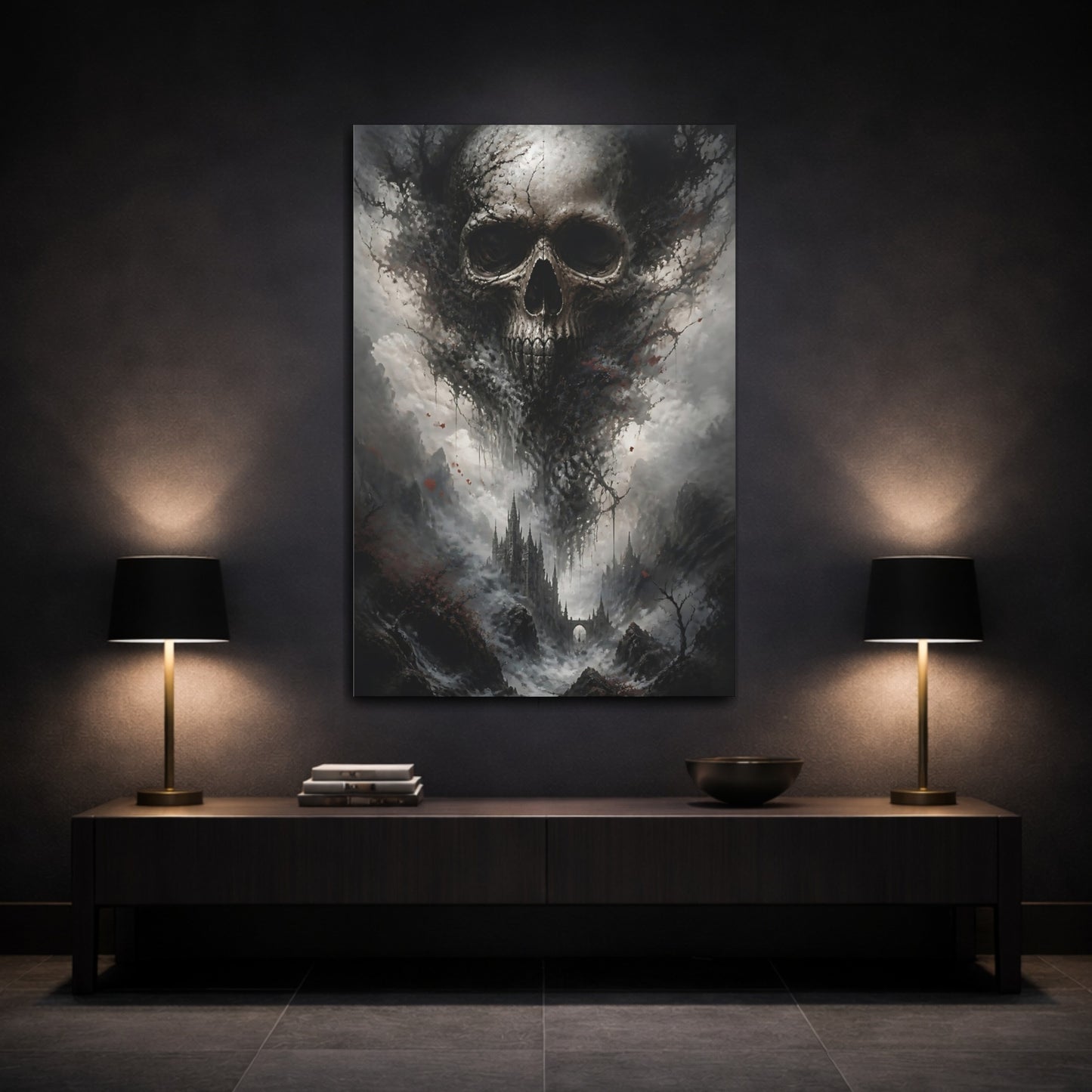 Mockup 3. Horror Skull Dark Grey Red shown as stretched canvas wall art