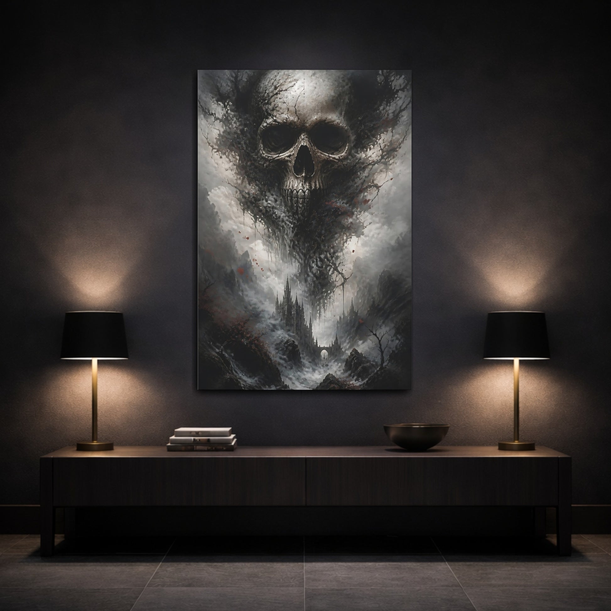 Mockup 3. Horror Skull Dark Grey Red shown as stretched canvas wall art