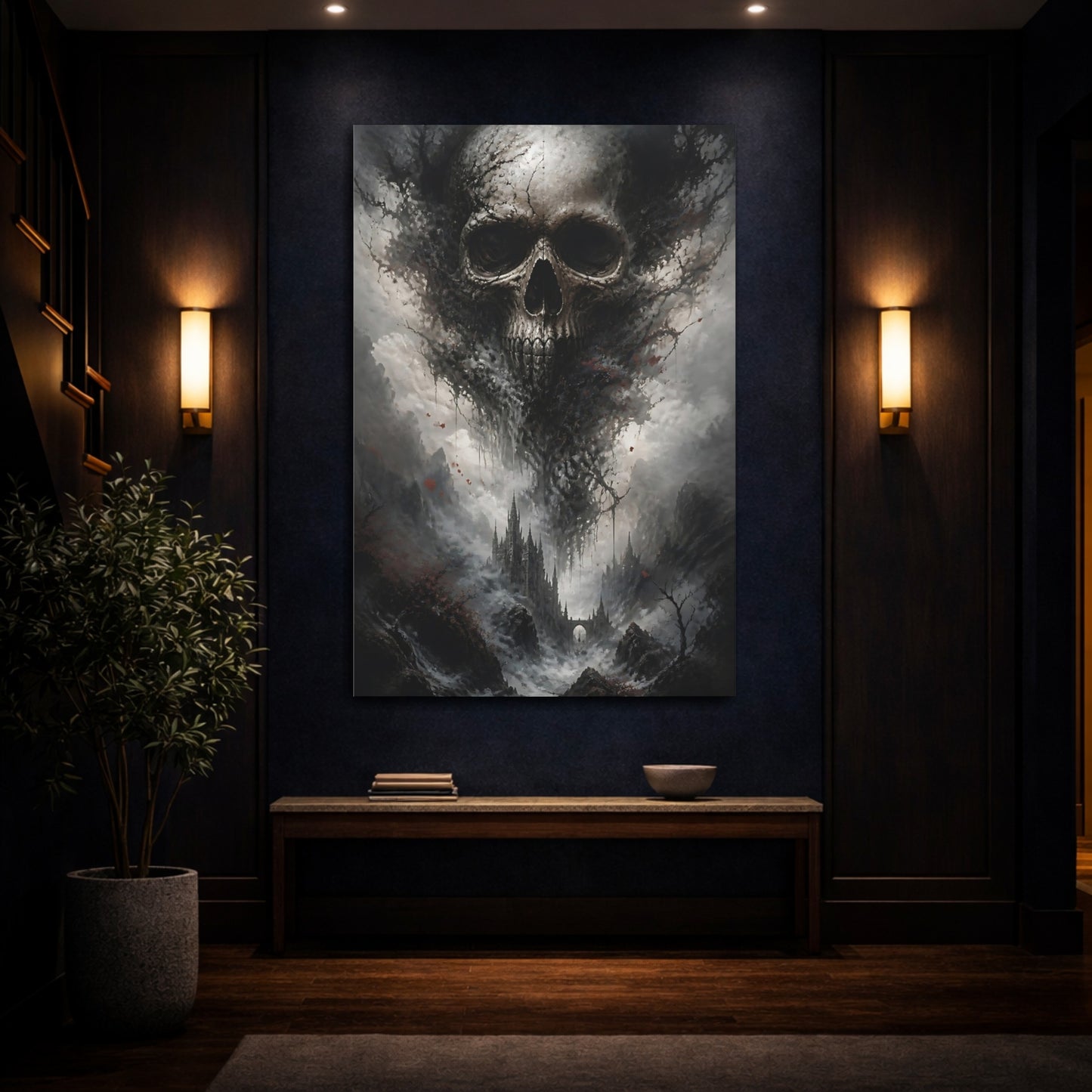 Mockup 4. Horror Skull Dark Grey Red shown as stretched canvas wall art
