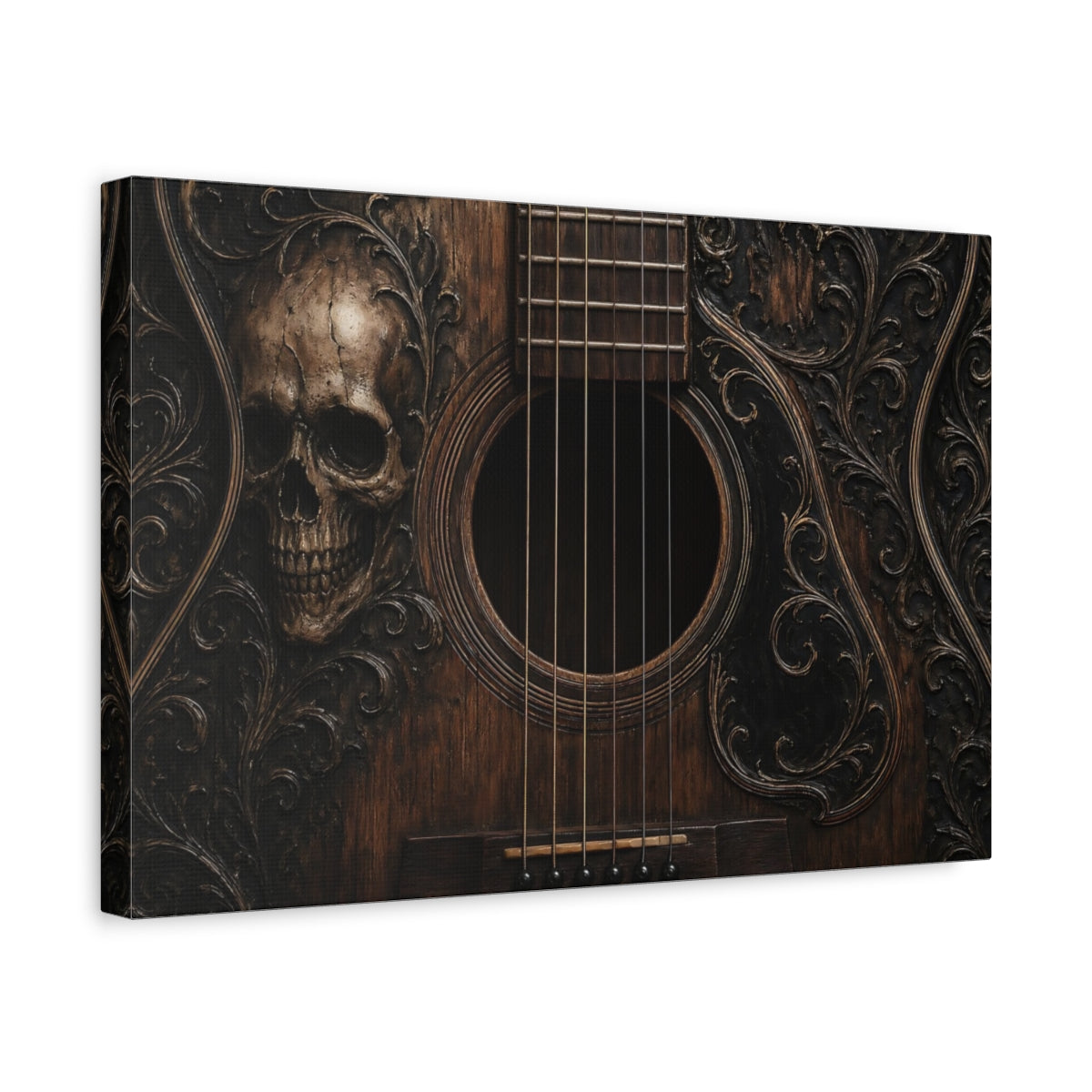 Side Mockup 4. Horror Skull Guitar Dark Wood Skull shown as stretched canvas wall art