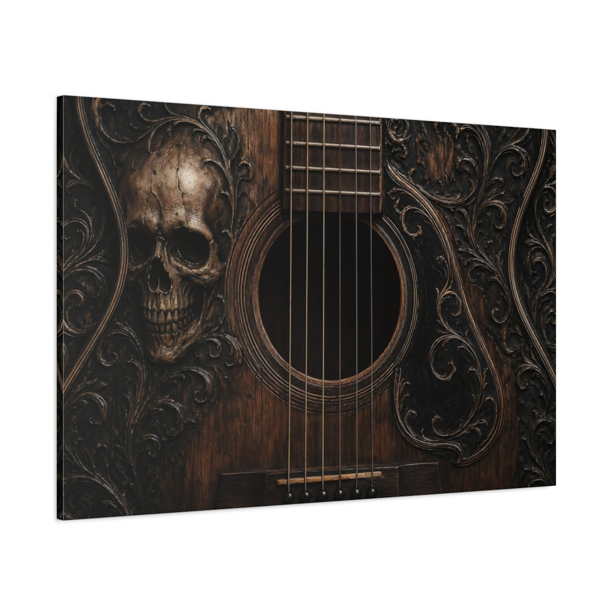 Side Mockup 1. Horror Skull Guitar Dark Wood Skull shown as stretched canvas wall art