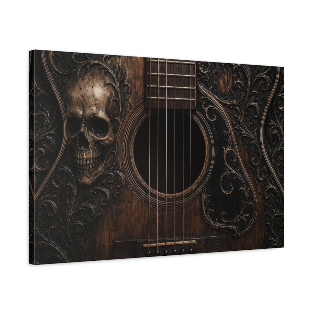 Side Mockup 2. Horror Skull Guitar Dark Wood Skull shown as stretched canvas wall art