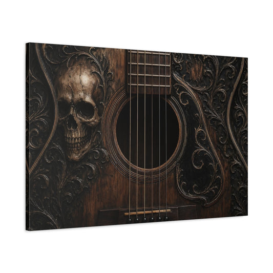 Main Mockup. Horror Skull Guitar Dark Wood Skull shown as stretched canvas wall art