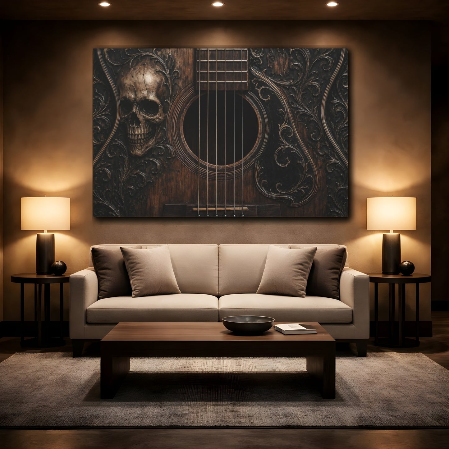 Mockup 2. Horror Skull Guitar Dark Wood Skull shown as stretched canvas wall art