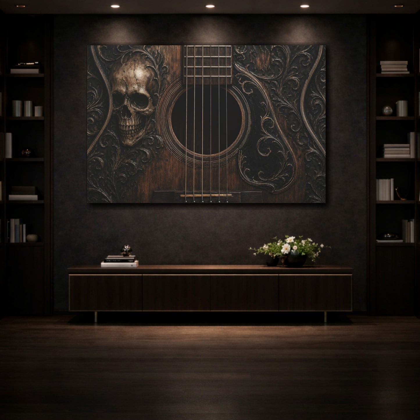 Mockup 3. Horror Skull Guitar Dark Wood Skull shown as stretched canvas wall art