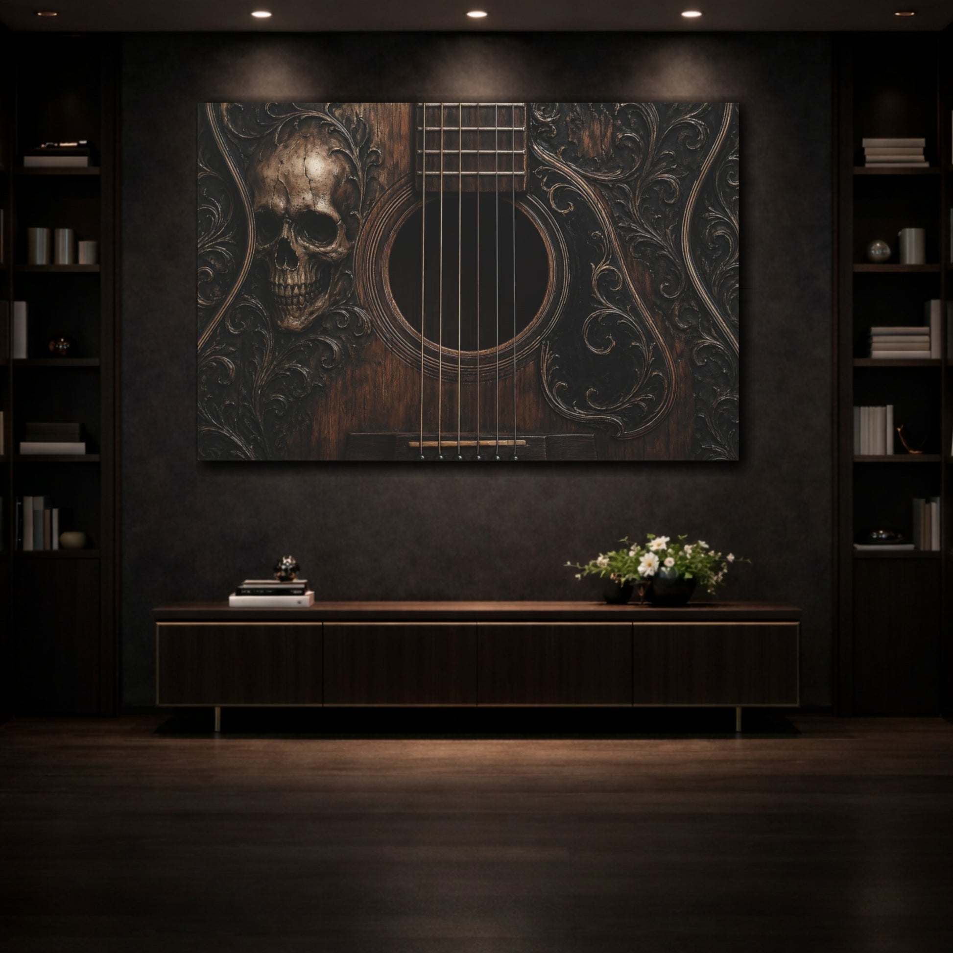 Mockup 3. Horror Skull Guitar Dark Wood Skull shown as stretched canvas wall art