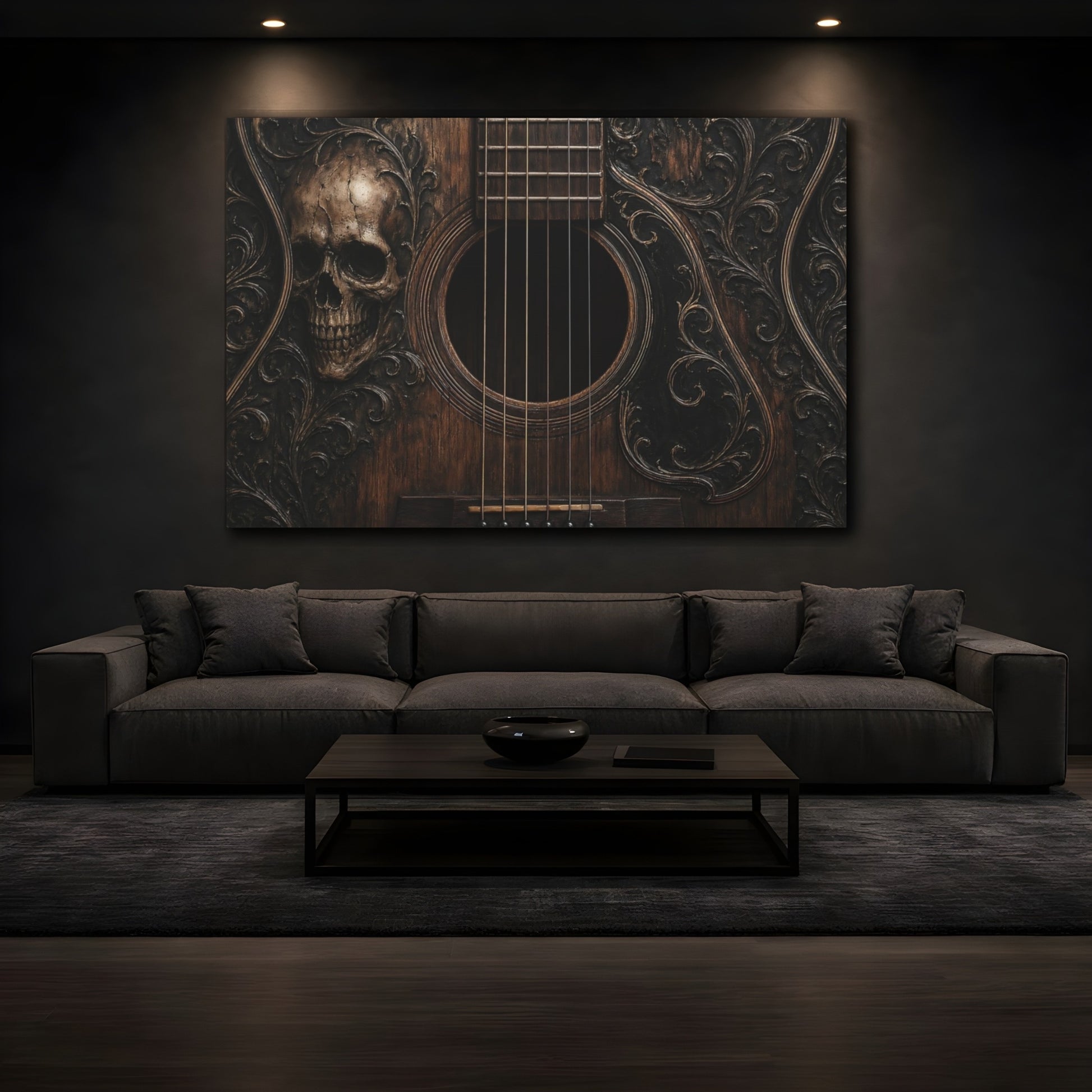Mockup 4. Horror Skull Guitar Dark Wood Skull shown as stretched canvas wall art