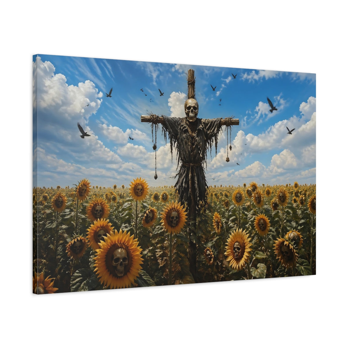 Main Mockup. Horror Skull Scarecrow Eerie Skull Sunflowers shown as stretched canvas wall art
