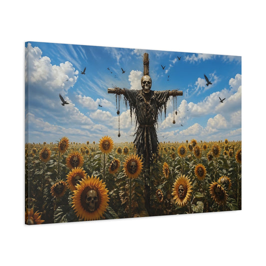 Main Mockup. Horror Skull Scarecrow Eerie Skull Sunflowers shown as stretched canvas wall art