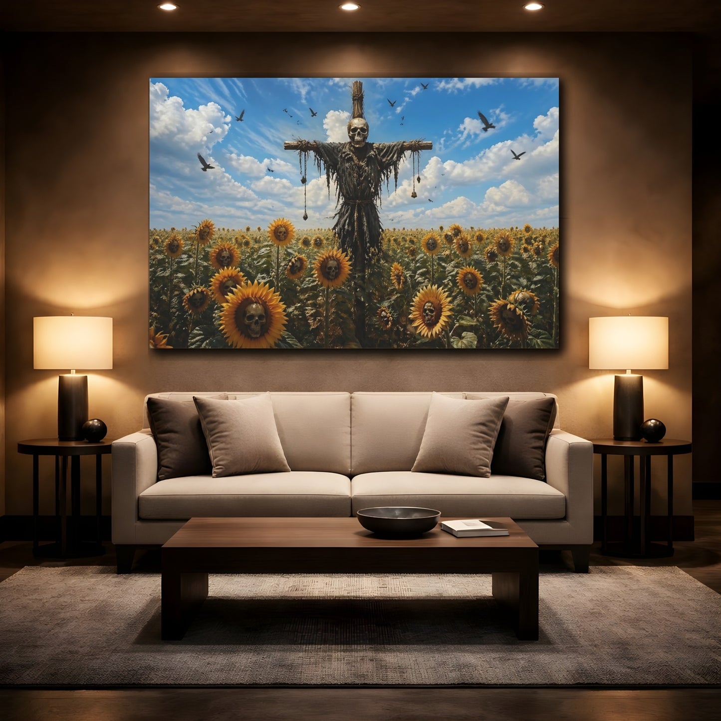 Mockup 2. Horror Skull Scarecrow Eerie Skull Sunflowers shown as stretched canvas wall art