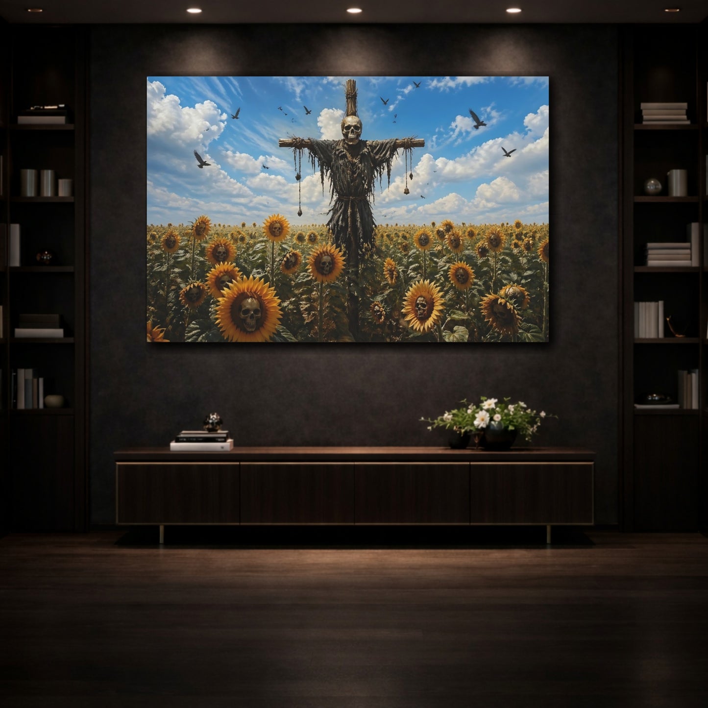 Mockup 3. Horror Skull Scarecrow Eerie Skull Sunflowers shown as stretched canvas wall art