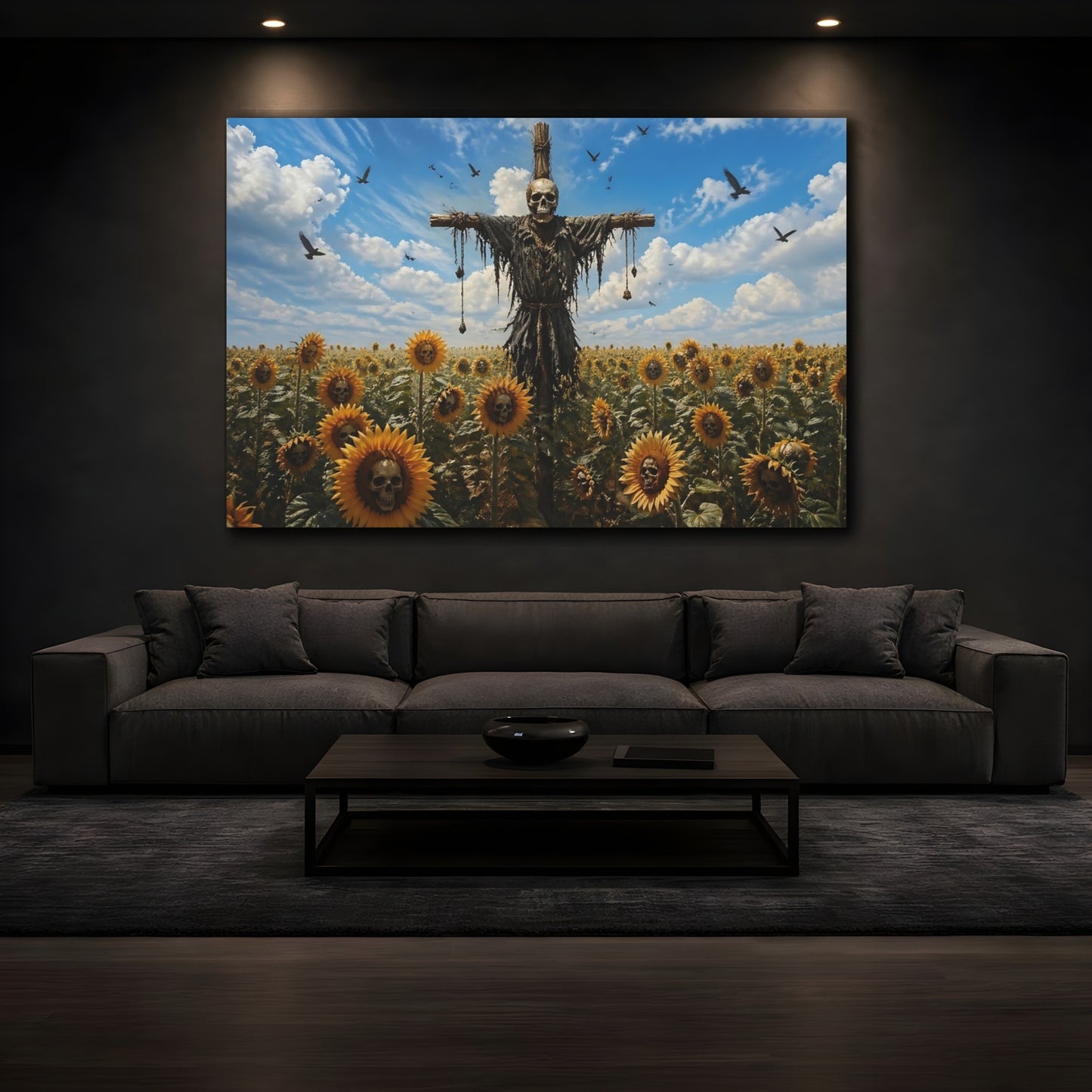 Mockup 4. Horror Skull Scarecrow Eerie Skull Sunflowers shown as stretched canvas wall art