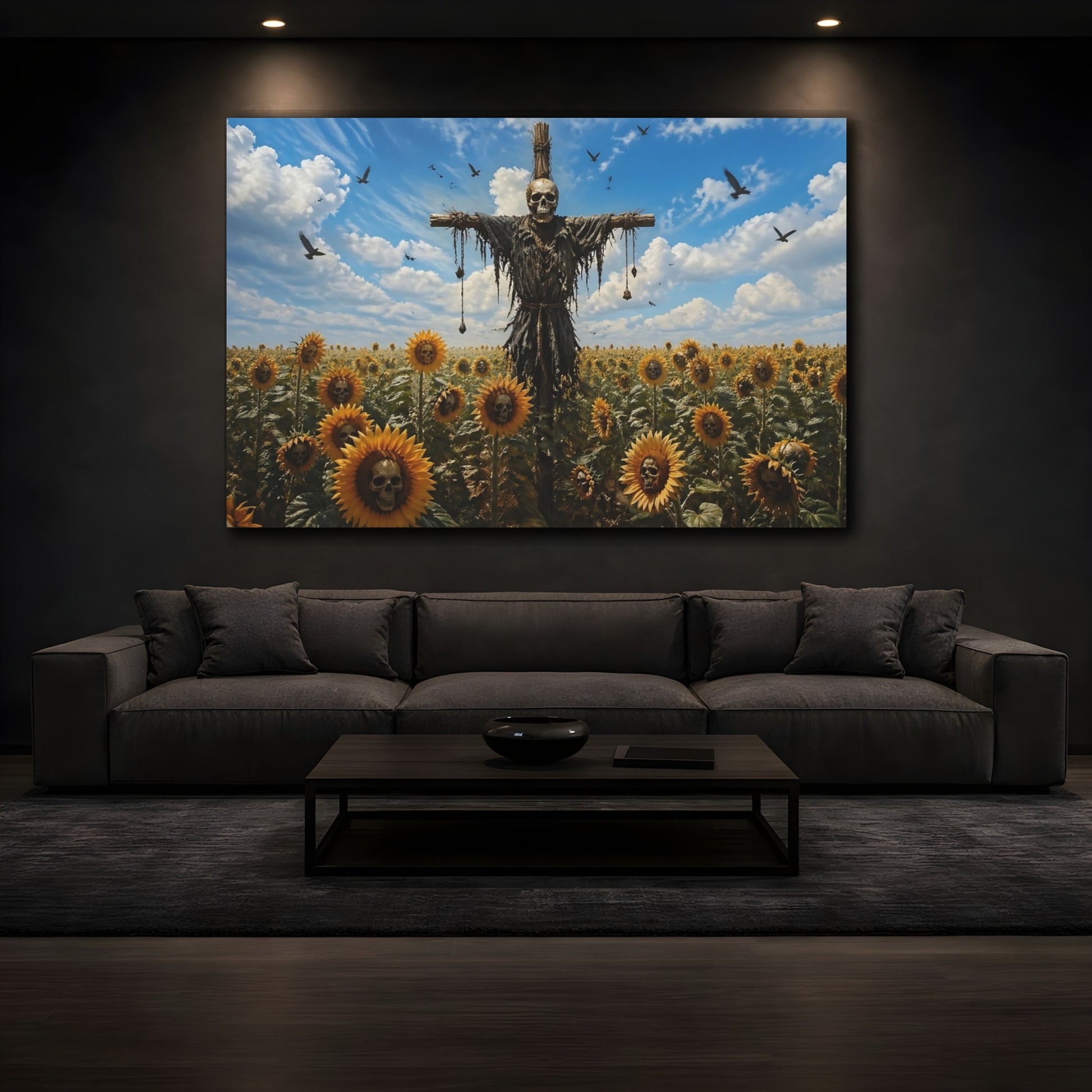 Mockup 4. Horror Skull Scarecrow Eerie Skull Sunflowers shown as stretched canvas wall art