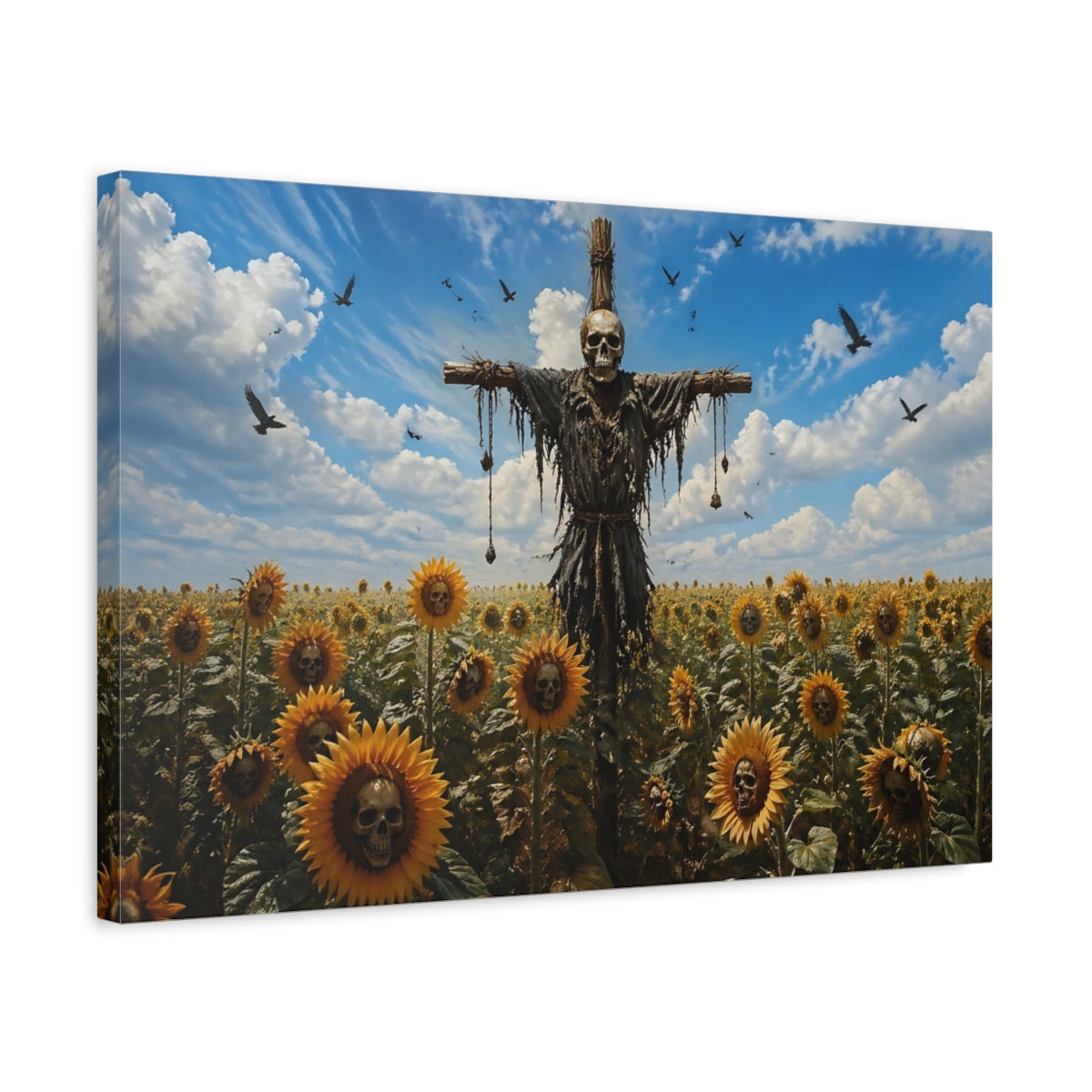Side Mockup 3. Horror Skull Scarecrow Eerie Skull Sunflowers shown as stretched canvas wall art
