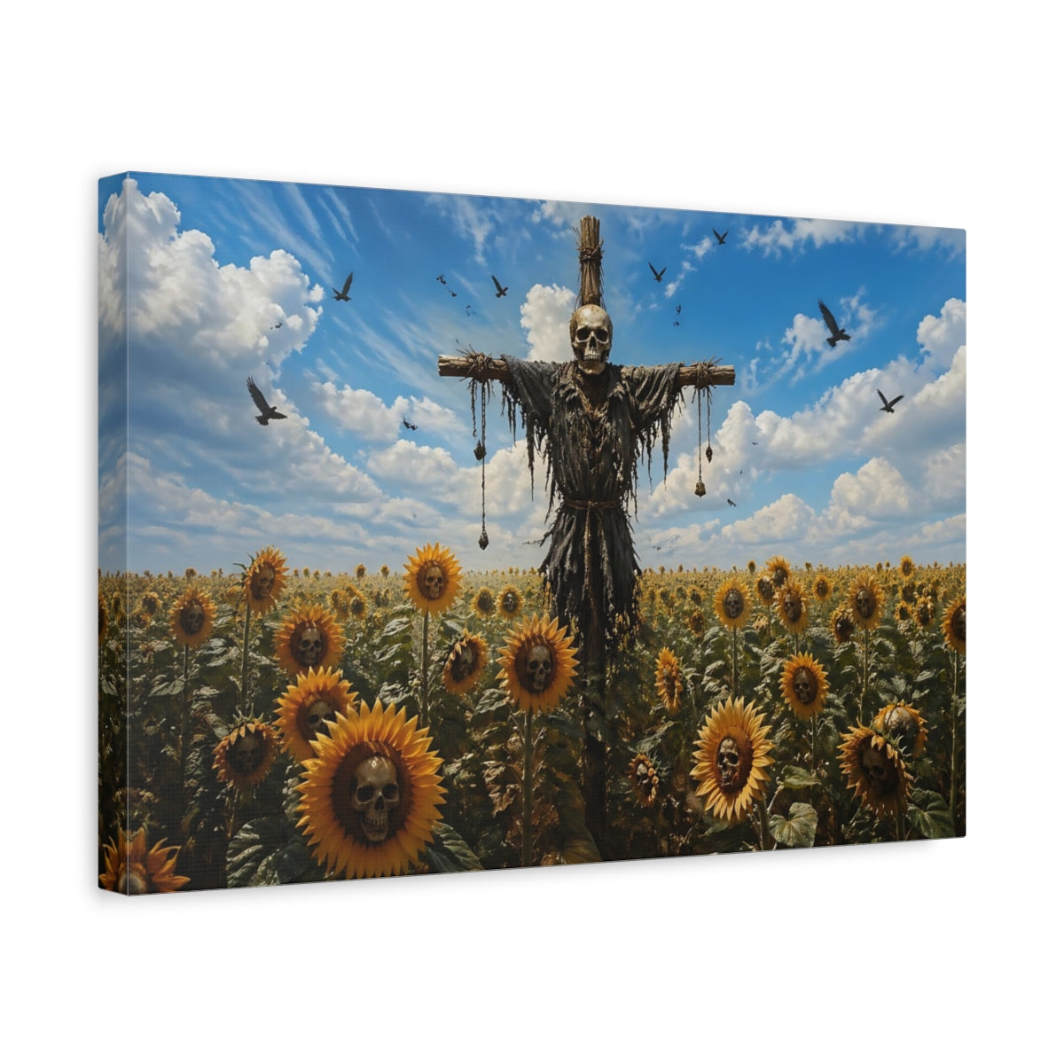 Side Mockup 4. Horror Skull Scarecrow Eerie Skull Sunflowers shown as stretched canvas wall art