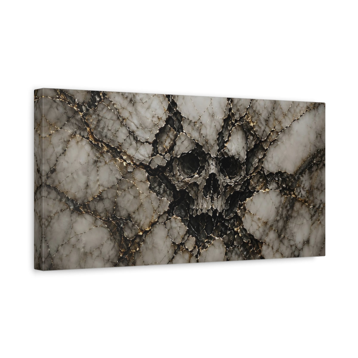 Side Mockup 3. Horror Skull White Gold Skull shown as stretched canvas wall art