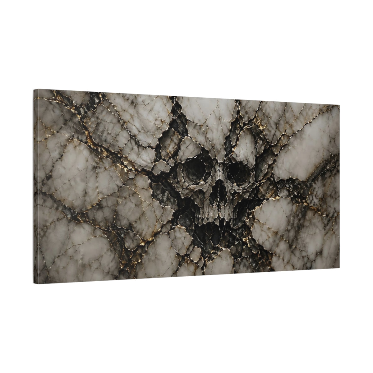 Main Mockup. Horror Skull White Gold Skull shown as stretched canvas wall art